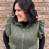 Olive Ruffle Sleeve Quilted Vest