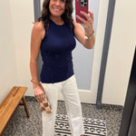 Navy Asymmetrical Button Ribbed Tank Tops- Tanks DOE & RAE