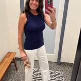 Navy Asymmetrical Button Ribbed Tank Tops- Tanks DOE & RAE