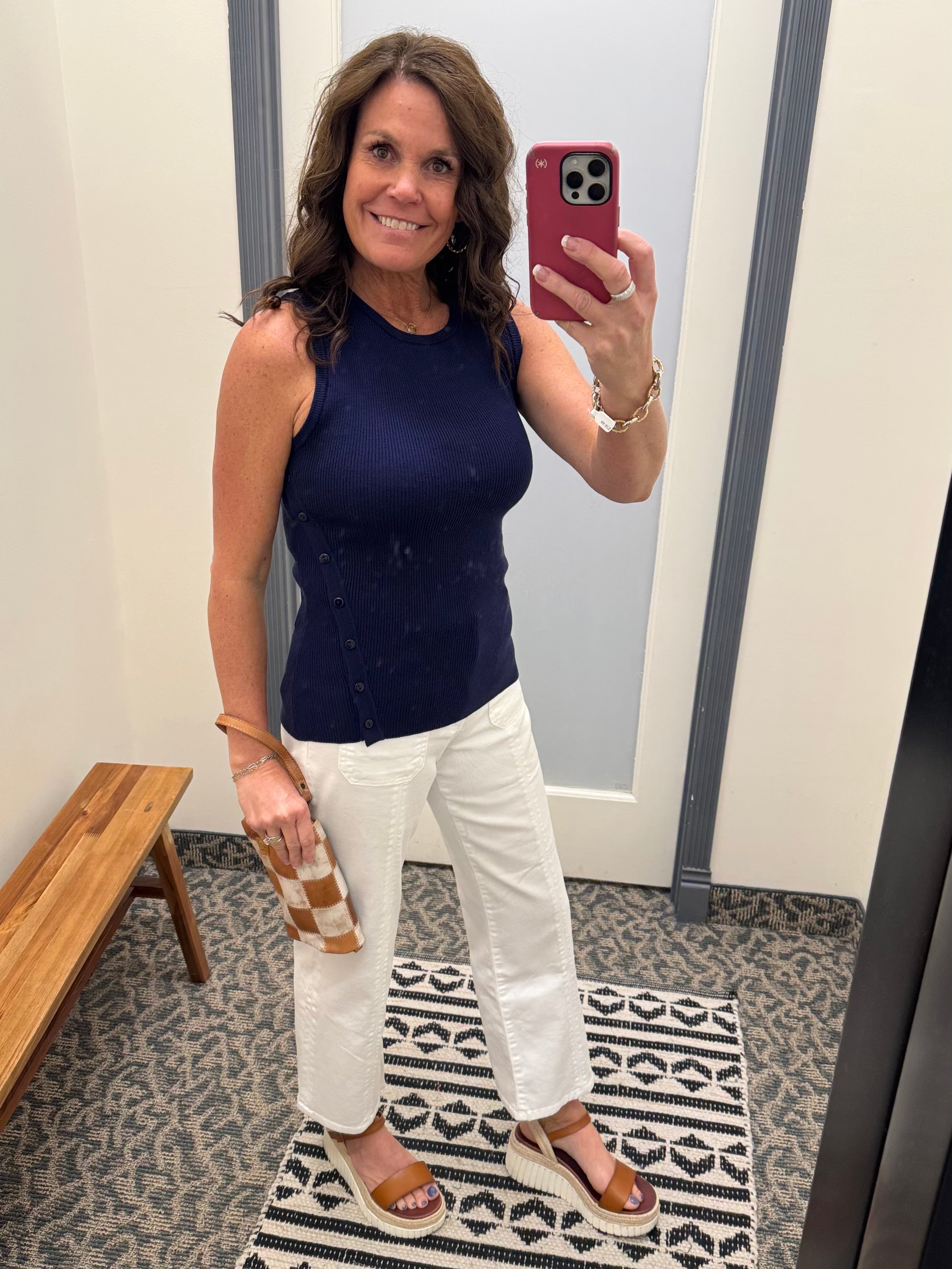 Navy Asymmetrical Button Ribbed Tank Tops- Tanks DOE & RAE