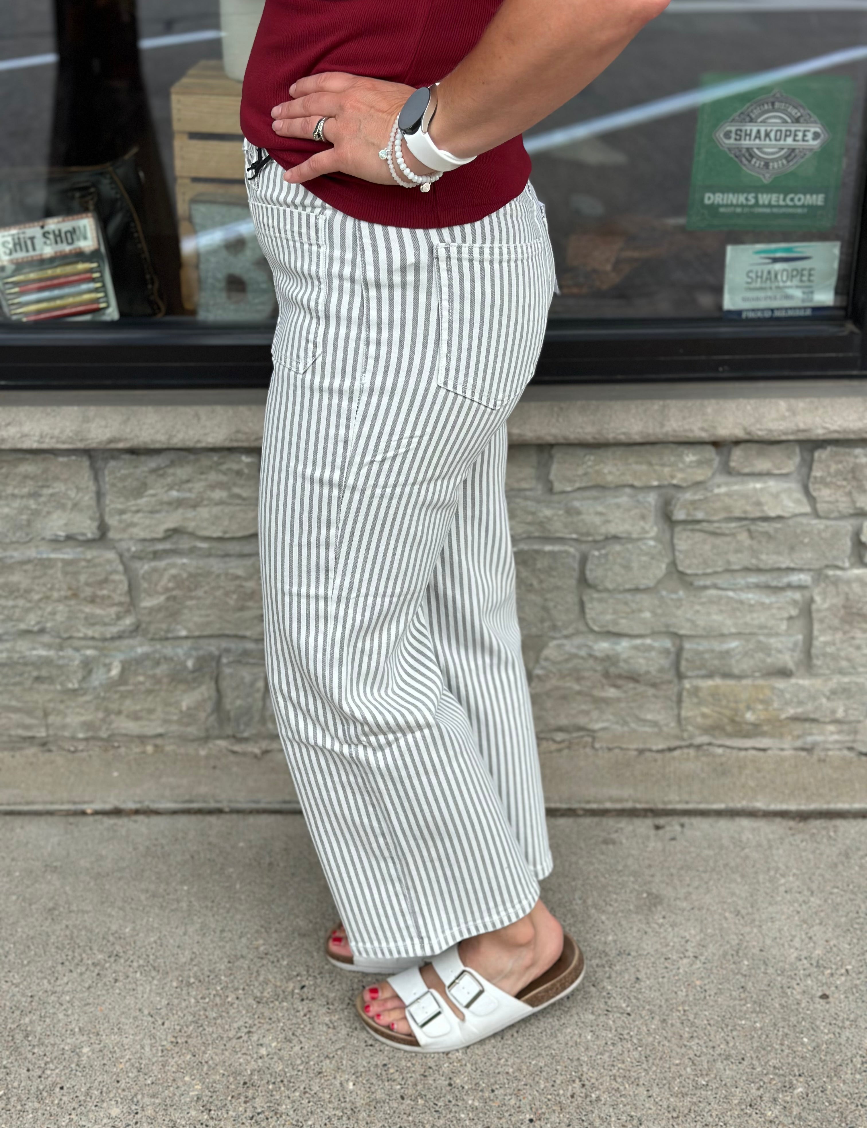 Gray Striped Wide Leg Jeans Bottom- Pants MICA DENIM