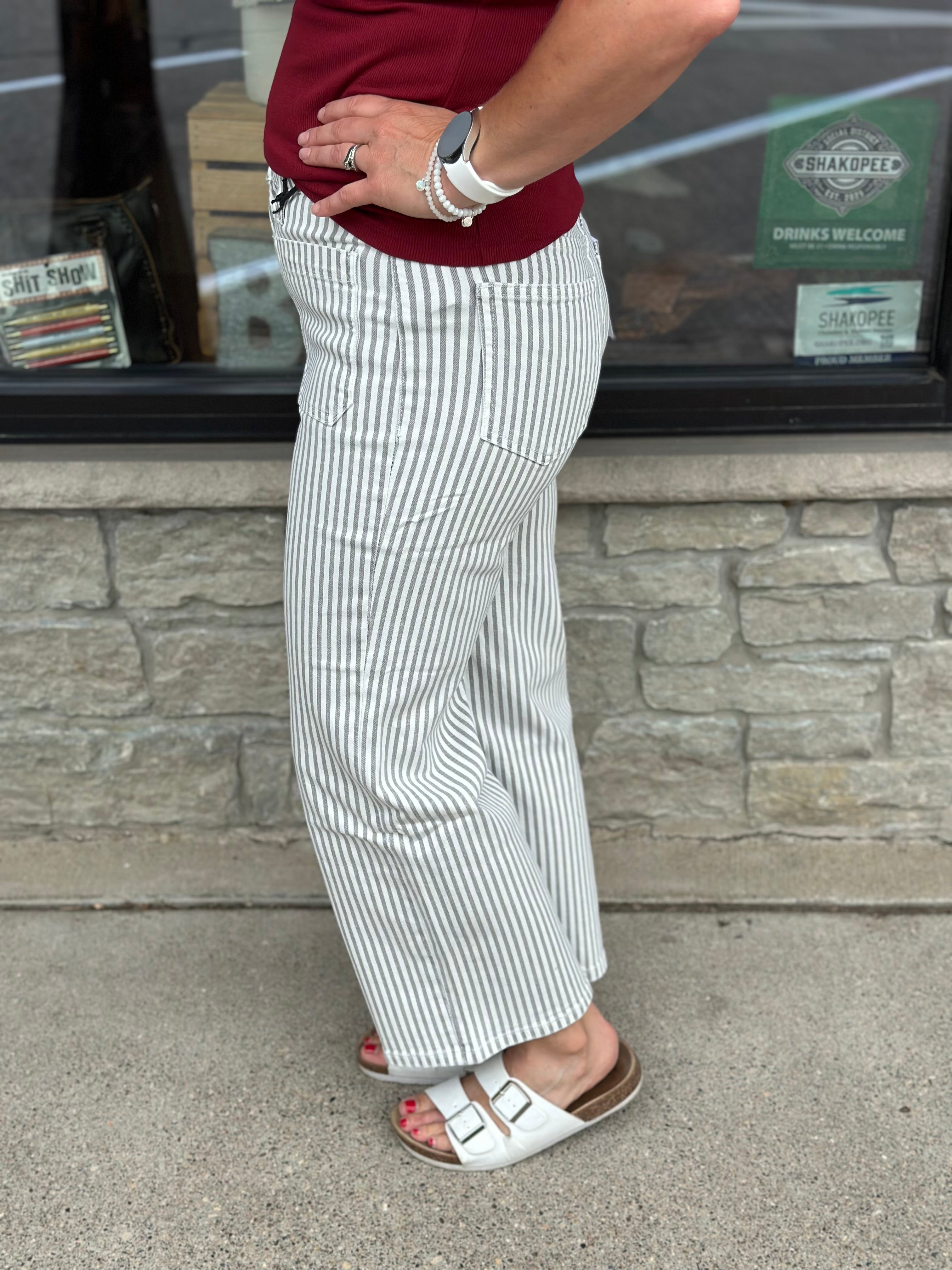 Gray Striped Wide Leg Jeans Bottom- Pants MICA DENIM