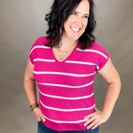 Magenta Striped V Neck Short Sleeve Sweater Top - Sweater STACCATO