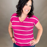 Magenta Striped V Neck Short Sleeve Sweater Top - Sweater STACCATO