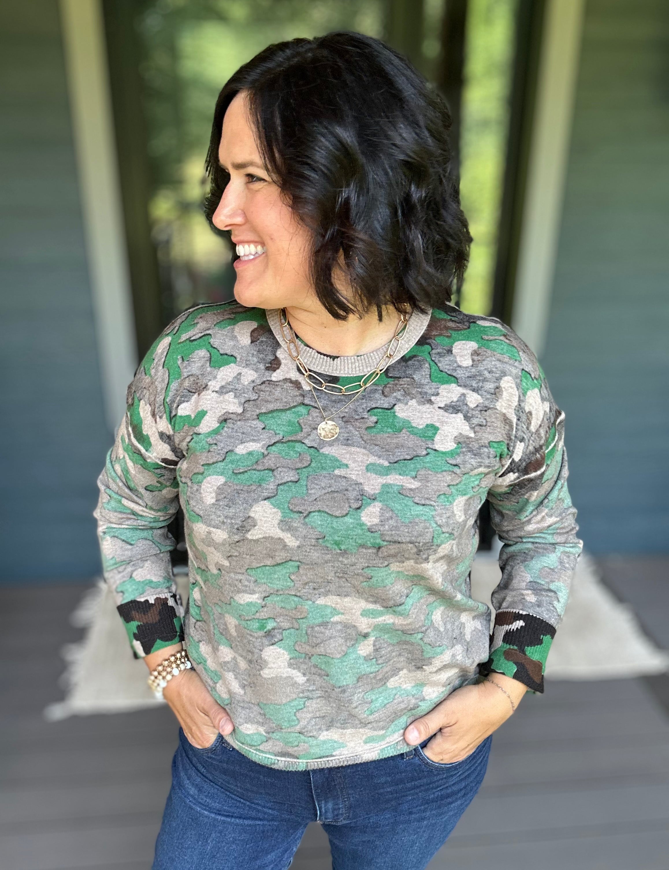 Camo Printed Crew Neck Sweater Top - Sweater FATE by LFD