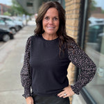 Black Floral Smocked Sleeve Top STACCATO