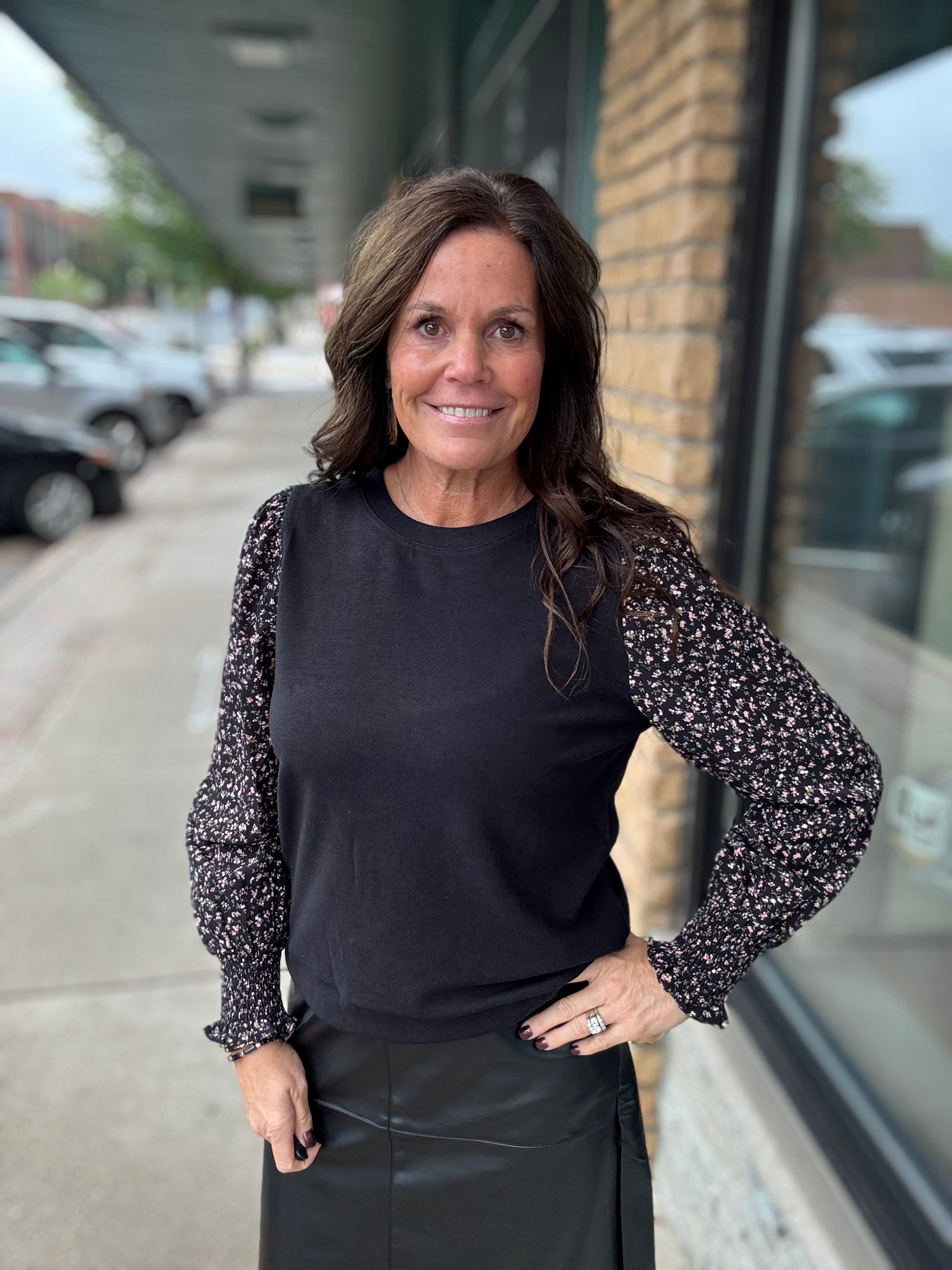 Black Floral Smocked Sleeve Top STACCATO