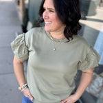 Sage Eyelet Contract Short Sleeve Sweatshirt Top - Sweatshirt DOE & RAE