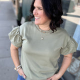Sage Eyelet Contract Short Sleeve Sweatshirt Top - Sweatshirt DOE & RAE