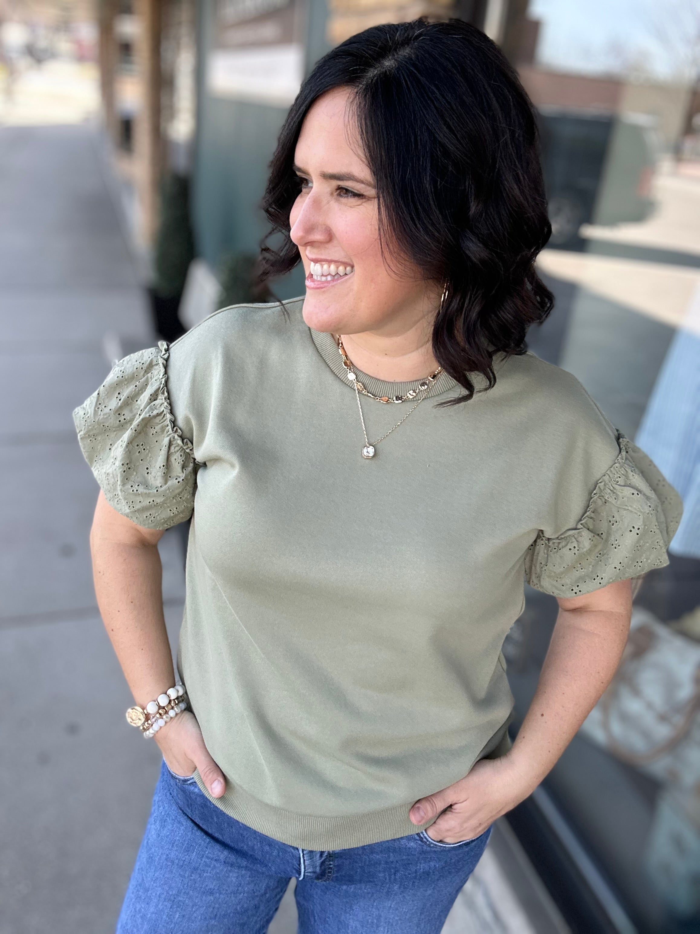 Sage Eyelet Contract Short Sleeve Sweatshirt Top - Sweatshirt DOE & RAE