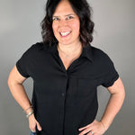 Black Button Front Short Sleeve Tops - Button Ups STACCATO