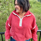 Washed Cherry Sherpa Quarter Zip Pullover Top - Sweatshirt MIOU MUSE