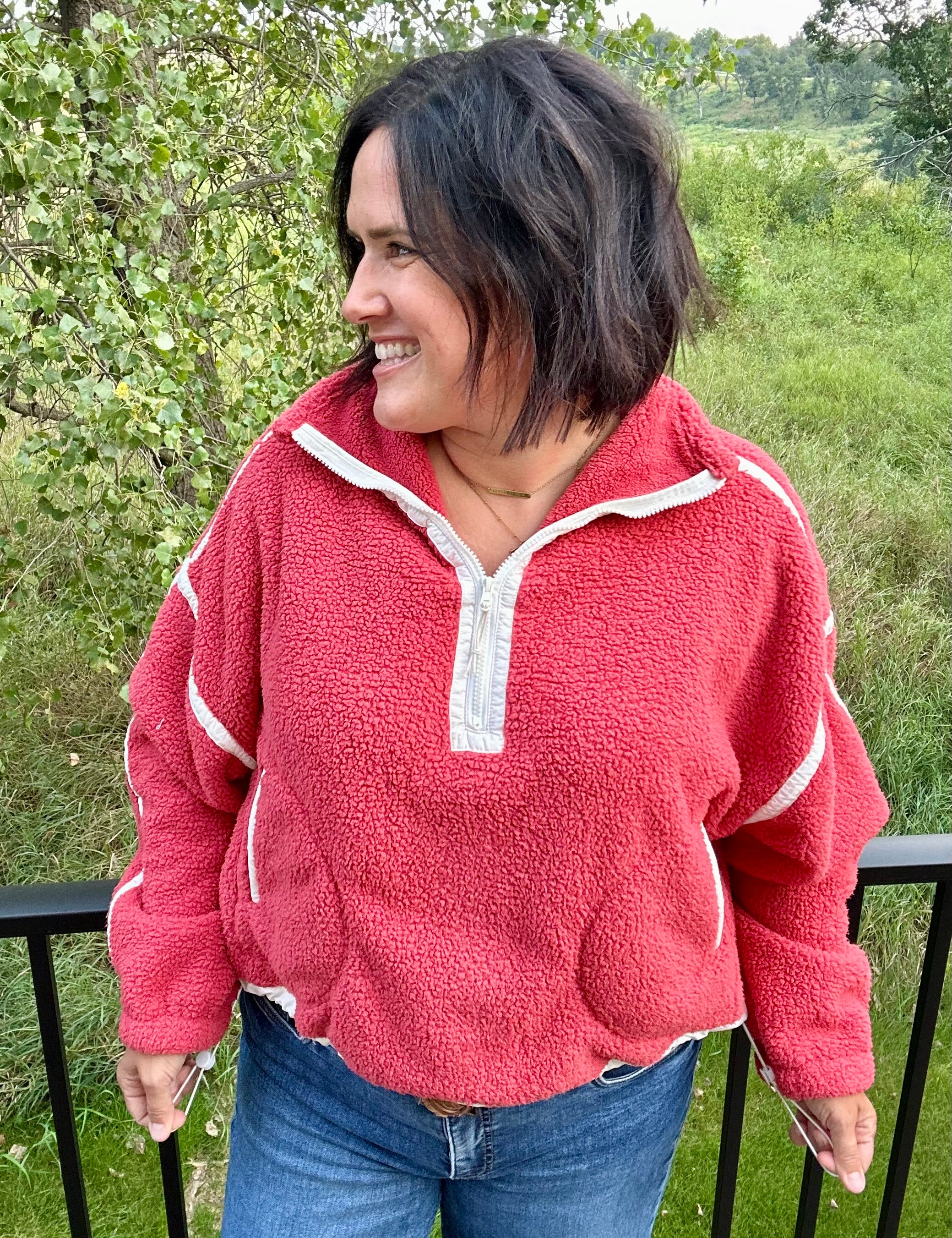 Washed Cherry Sherpa Quarter Zip Pullover Top - Sweatshirt MIOU MUSE