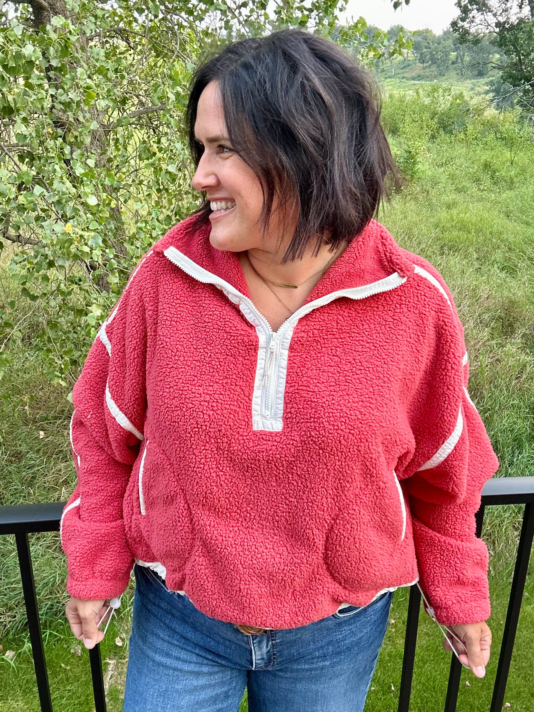 Washed Cherry Sherpa Quarter Zip Pullover Top - Sweatshirt MIOU MUSE