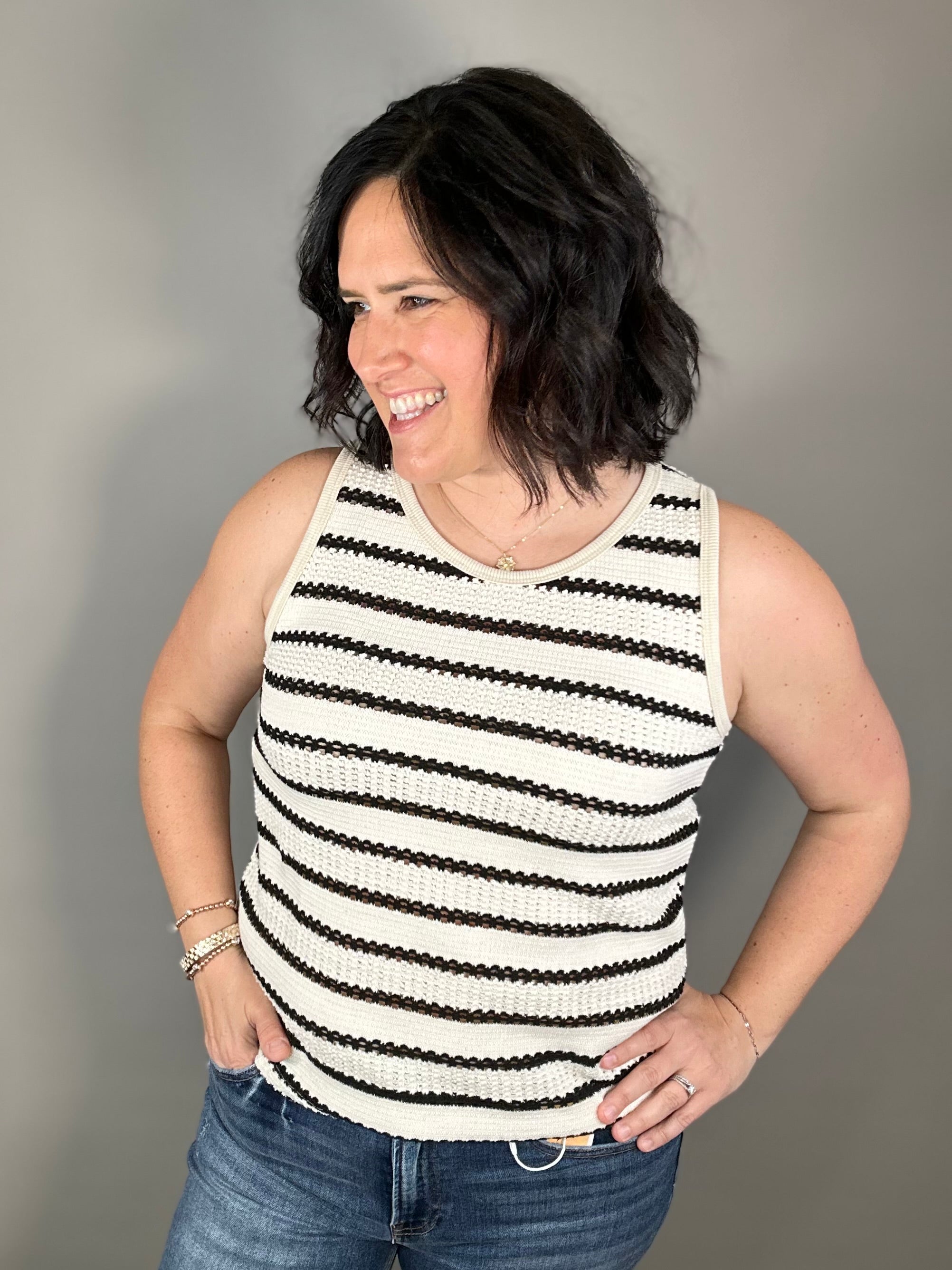 Ivory/Black Round Neck Top Tops- Tanks STACCATO