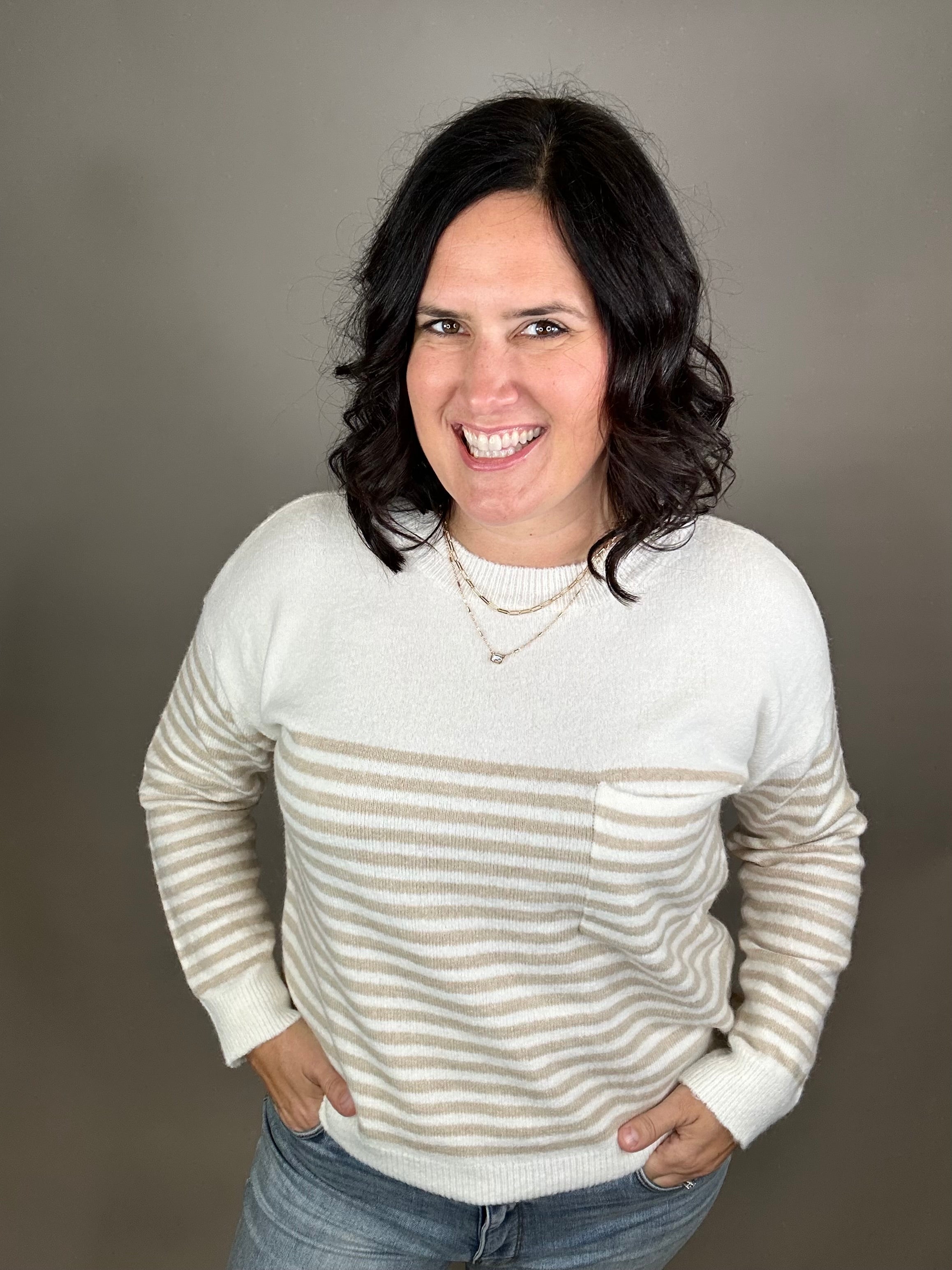 Creamy Oat Striped Pocket Sweater Top - Sweater STACCATO