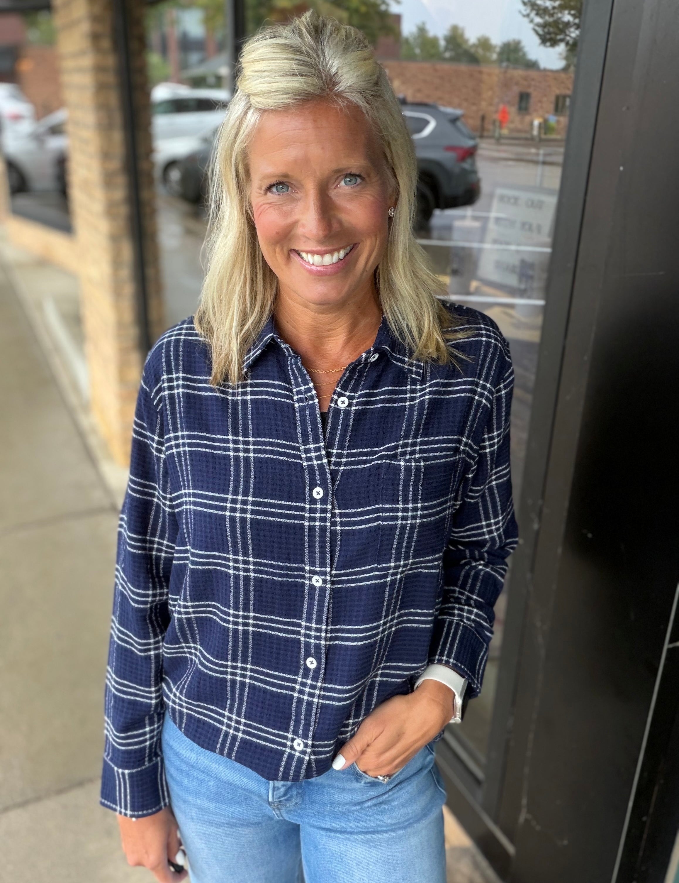 Navy/White Leetonia Plaid Top FLAG AND ANTHEM
