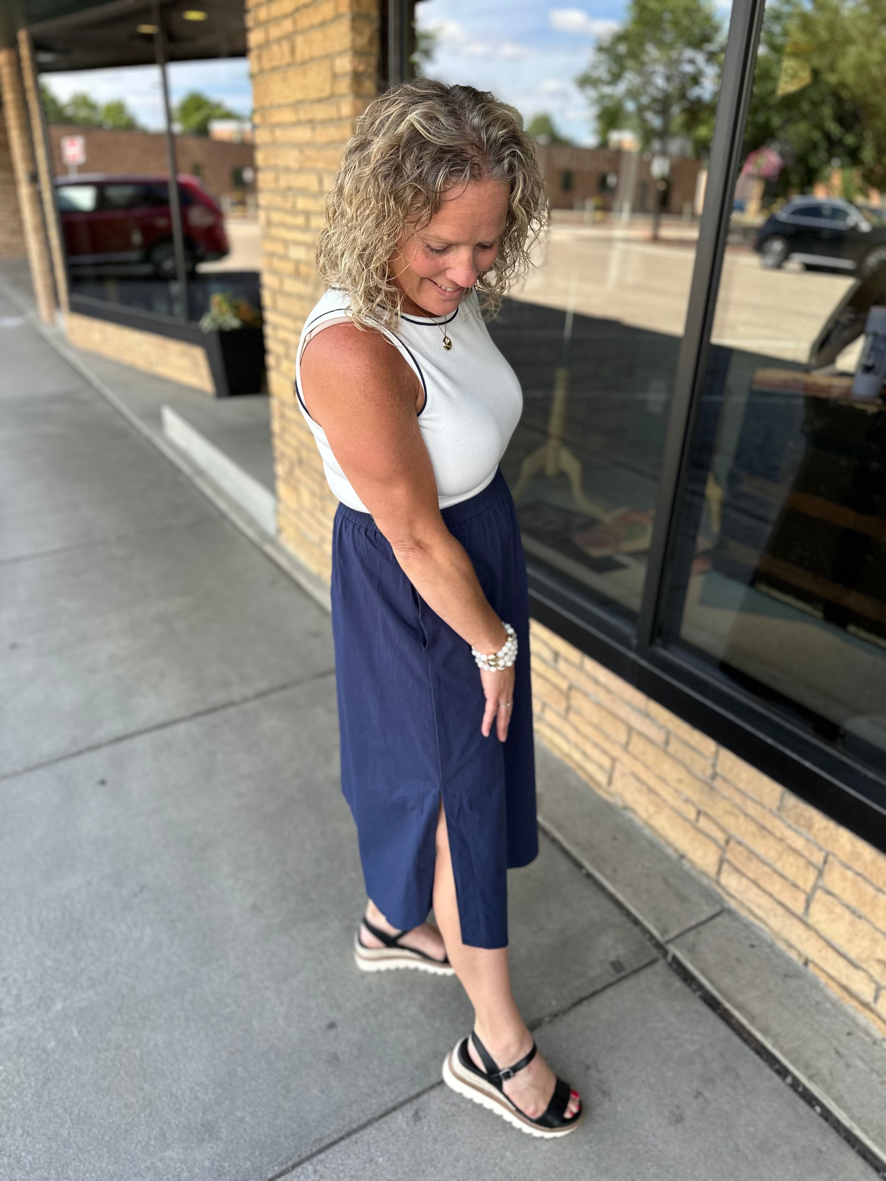White & Navy Midi Dress Dresses DOE & RAE