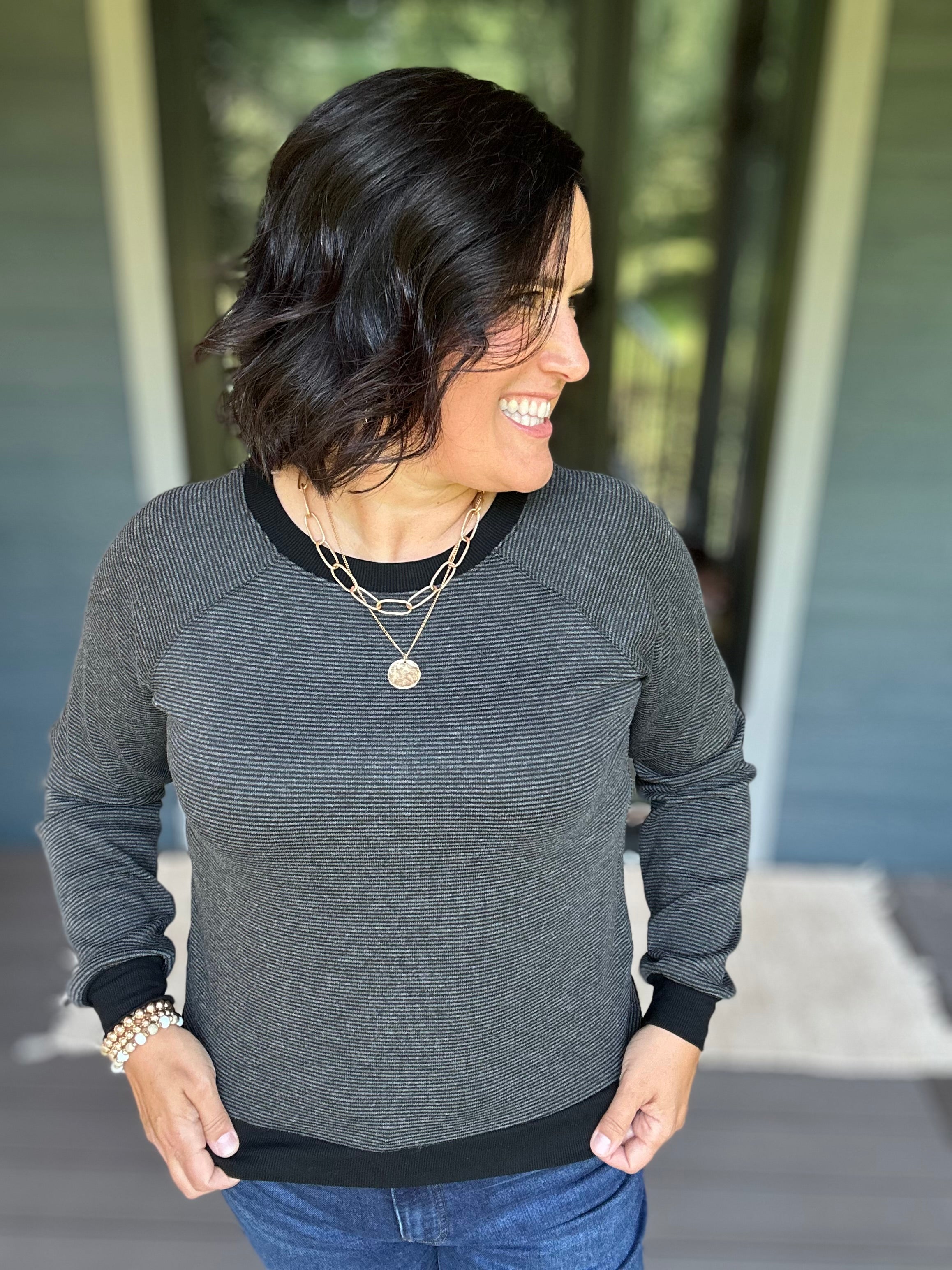 Charcoal Pinstripe Raglan Top Top - Sweater STACCATO