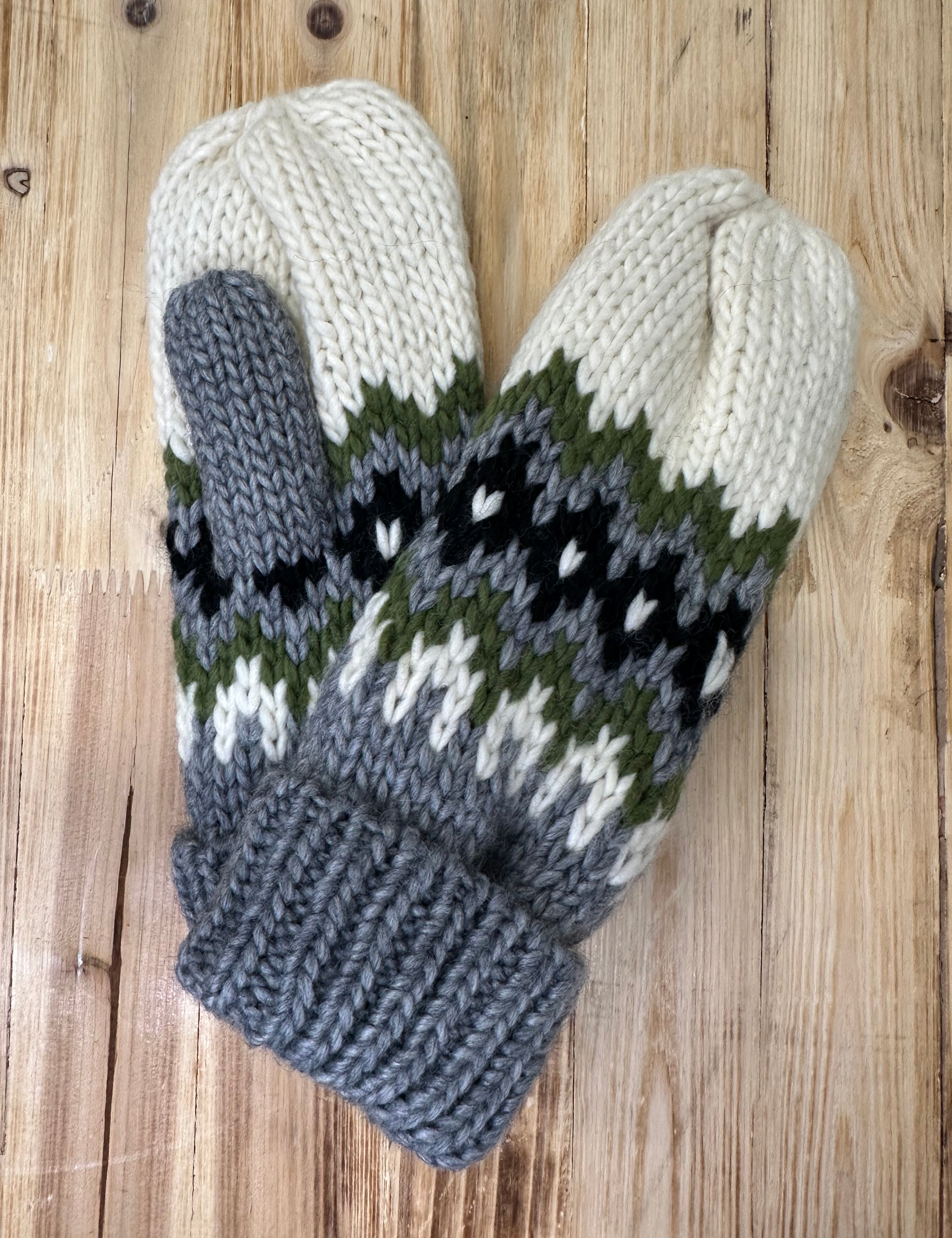 Cream, Green, Black & Grey Mittens Accessories- Mittens PANACHE