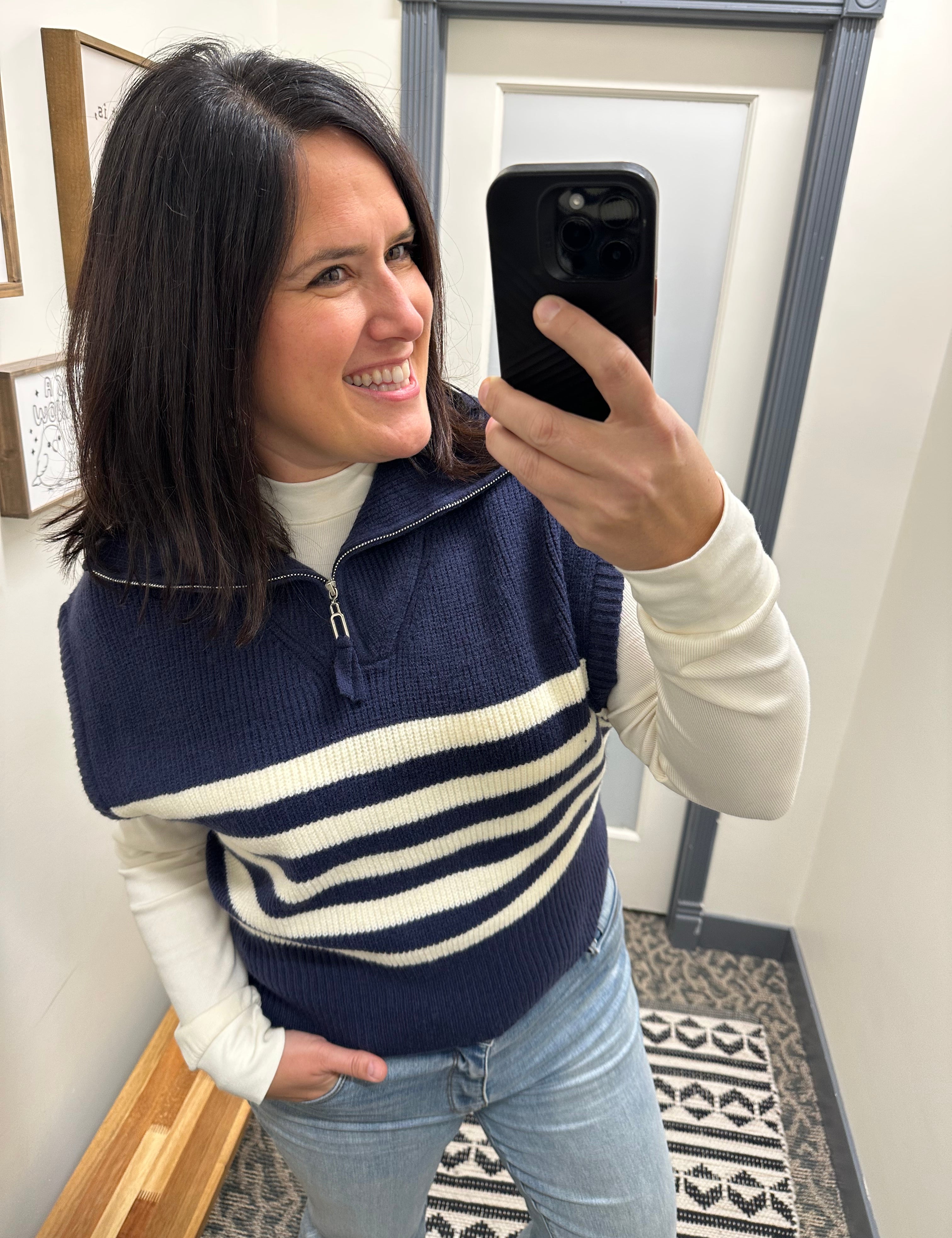 Navy Striped Half Zip Sweater Top Top - Sweater DOE & RAE