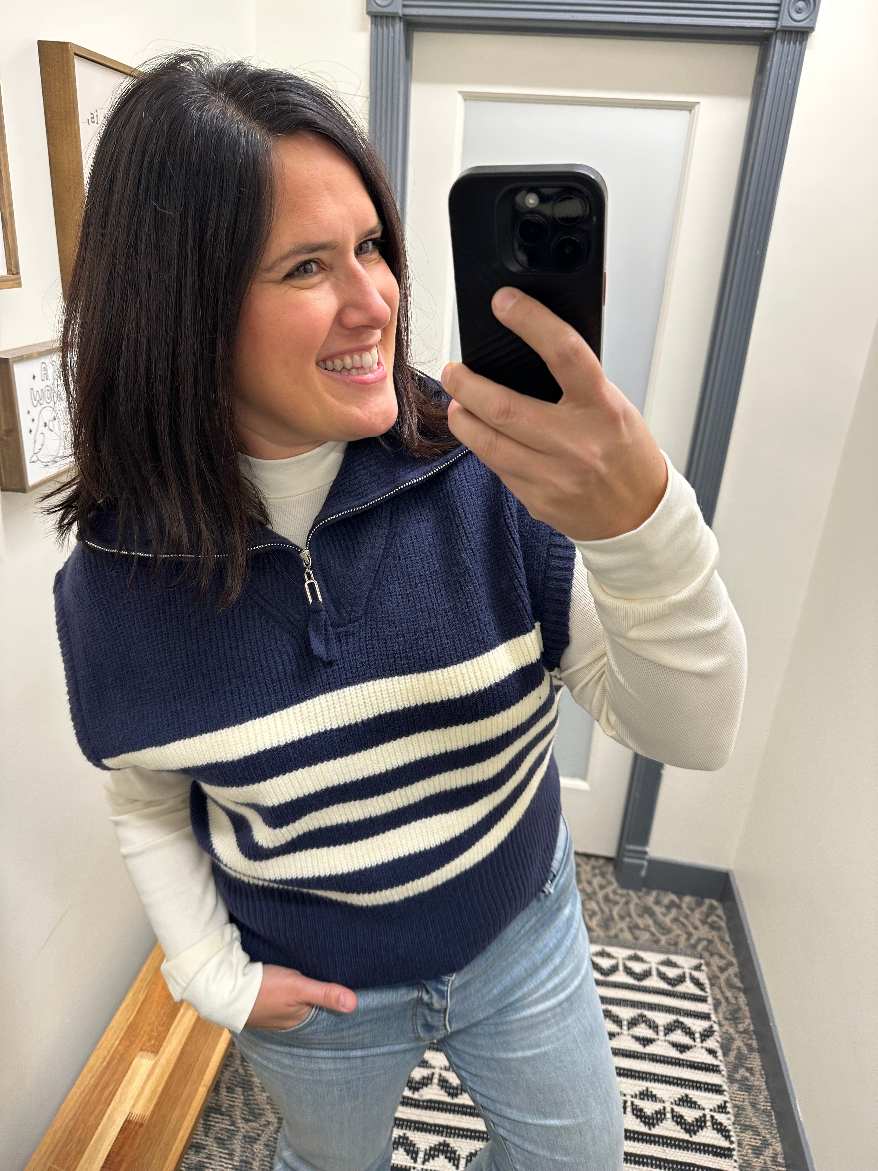 Navy Striped Half Zip Sweater Top Top - Sweater DOE & RAE