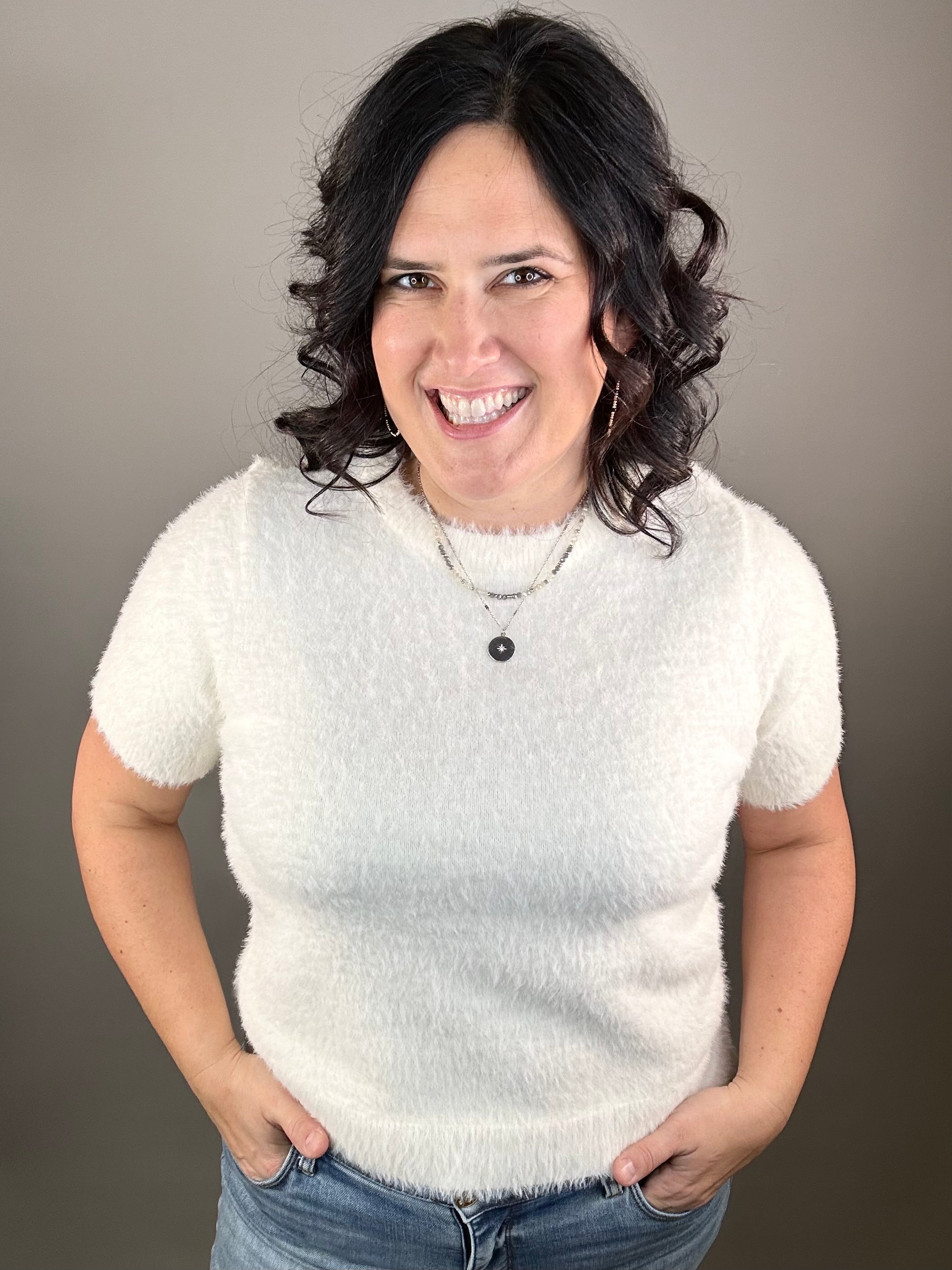 Ivory Fluffy Short Sleeve Sweater Top - Sweater STACCATO