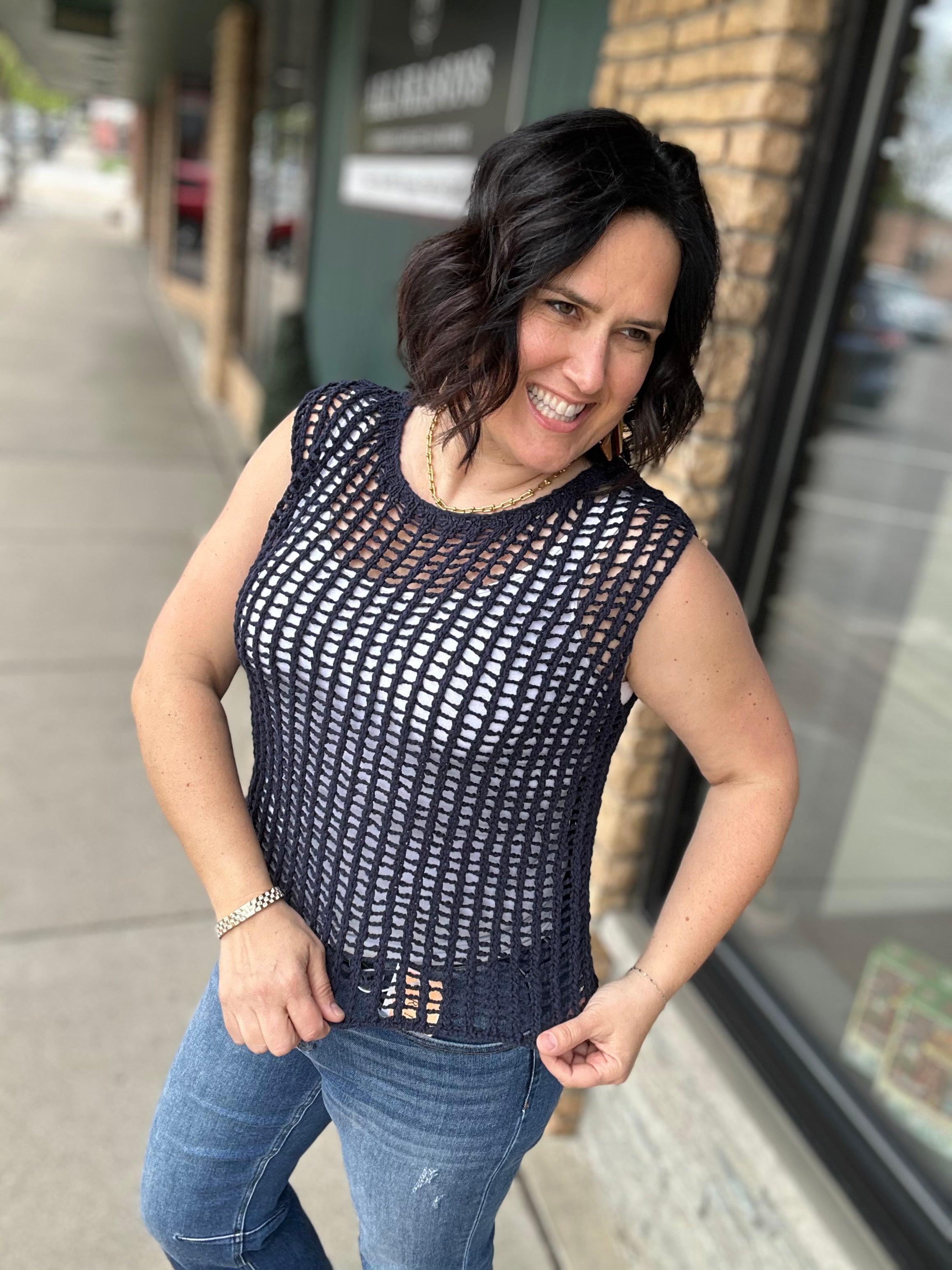 Navy Chunky Open Stitch Sweater Vest Top - Sweater DOE & RAE