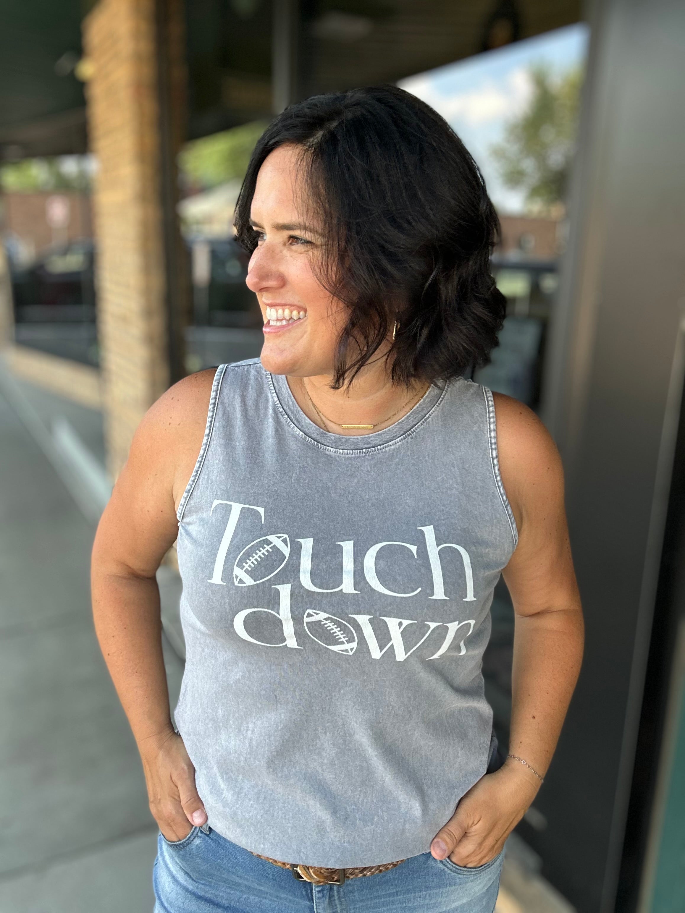 Grey Mineral Washed Touchdown Tank Top Tops- Tanks HRT and LUV