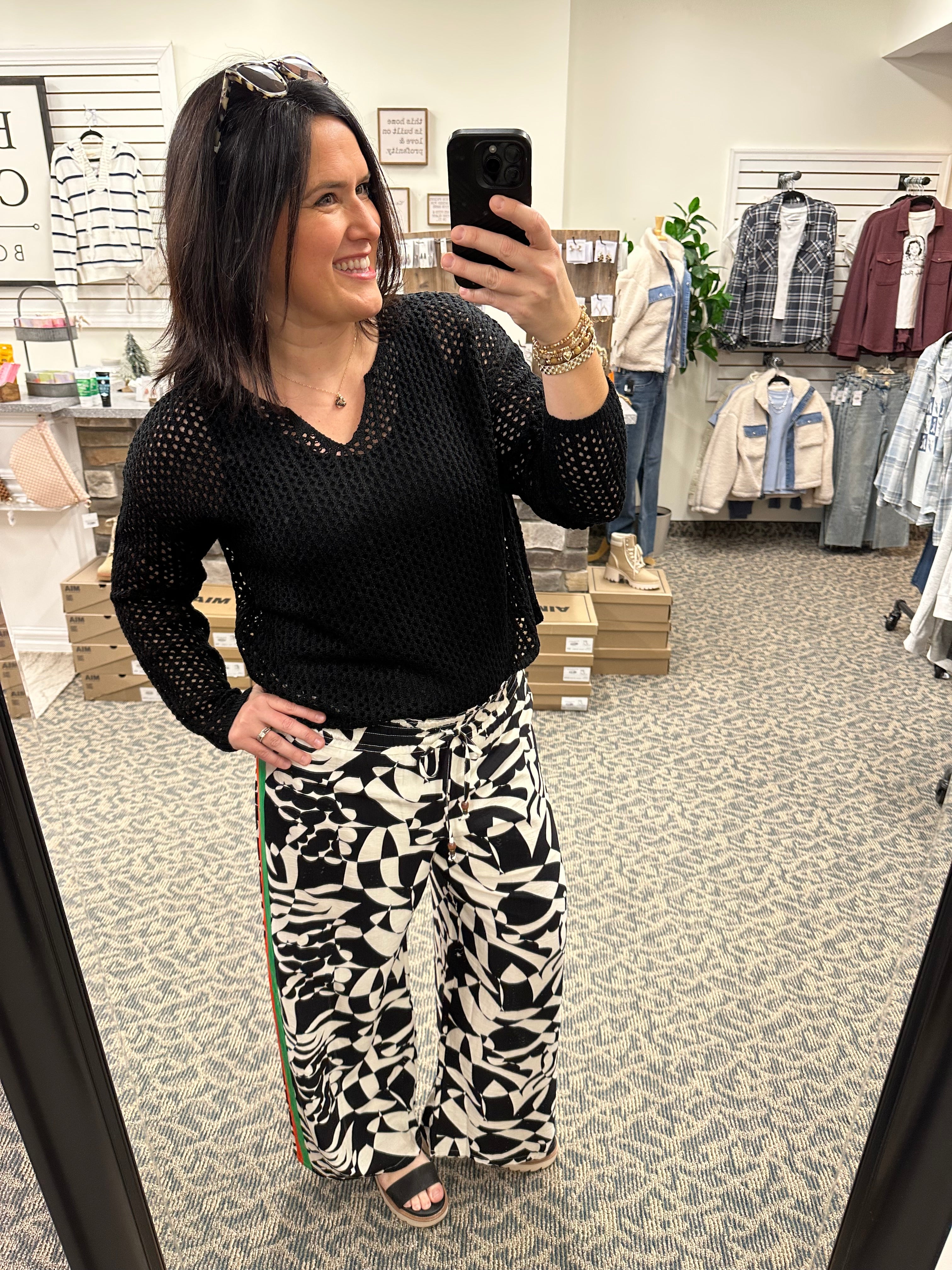 Black Split Neck Open Knit Sweater Top - Sweater DOE & RAE