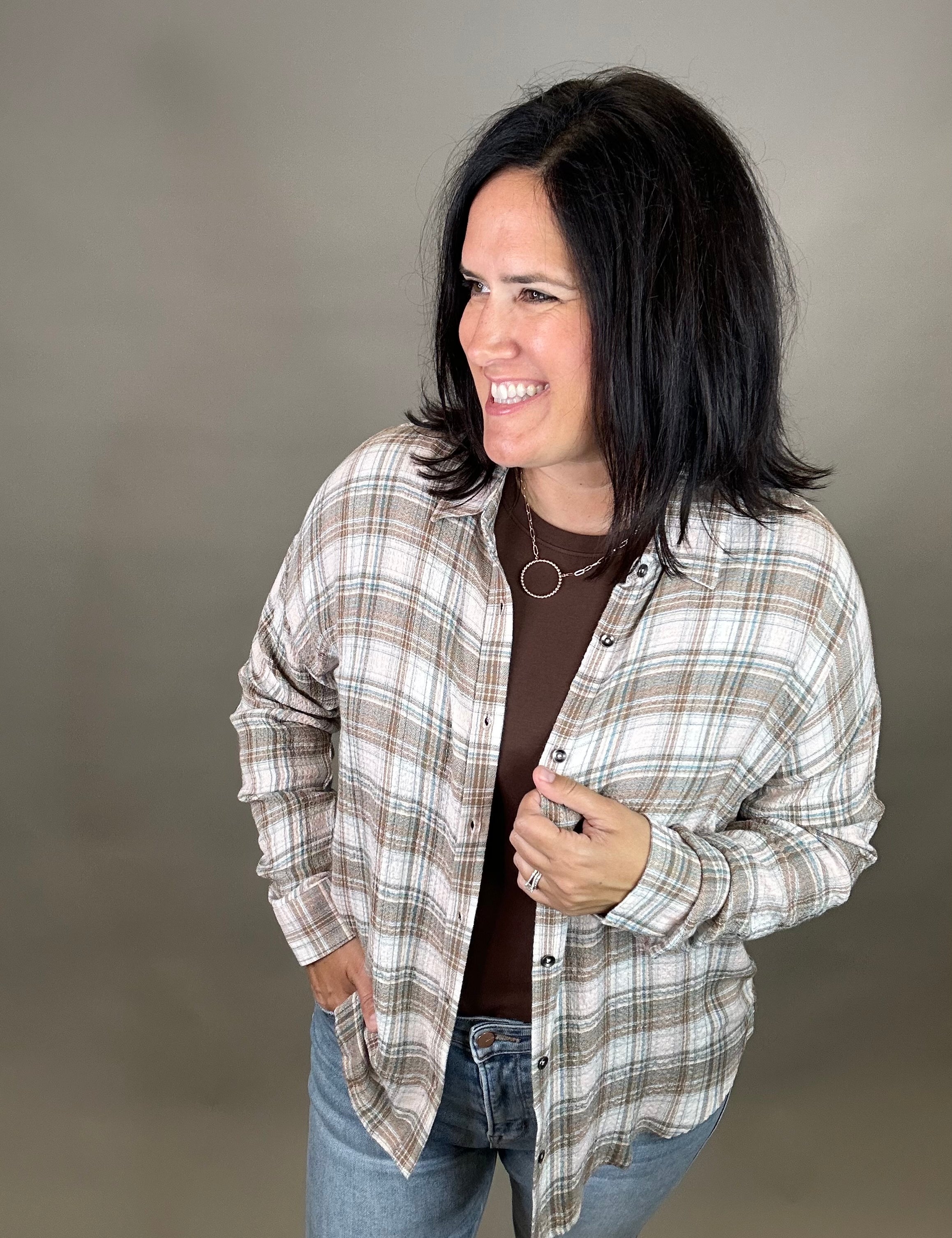 Sage/Pink Leetonia Boyfriend Top Tops - Button Ups FLAG AND ANTHEM