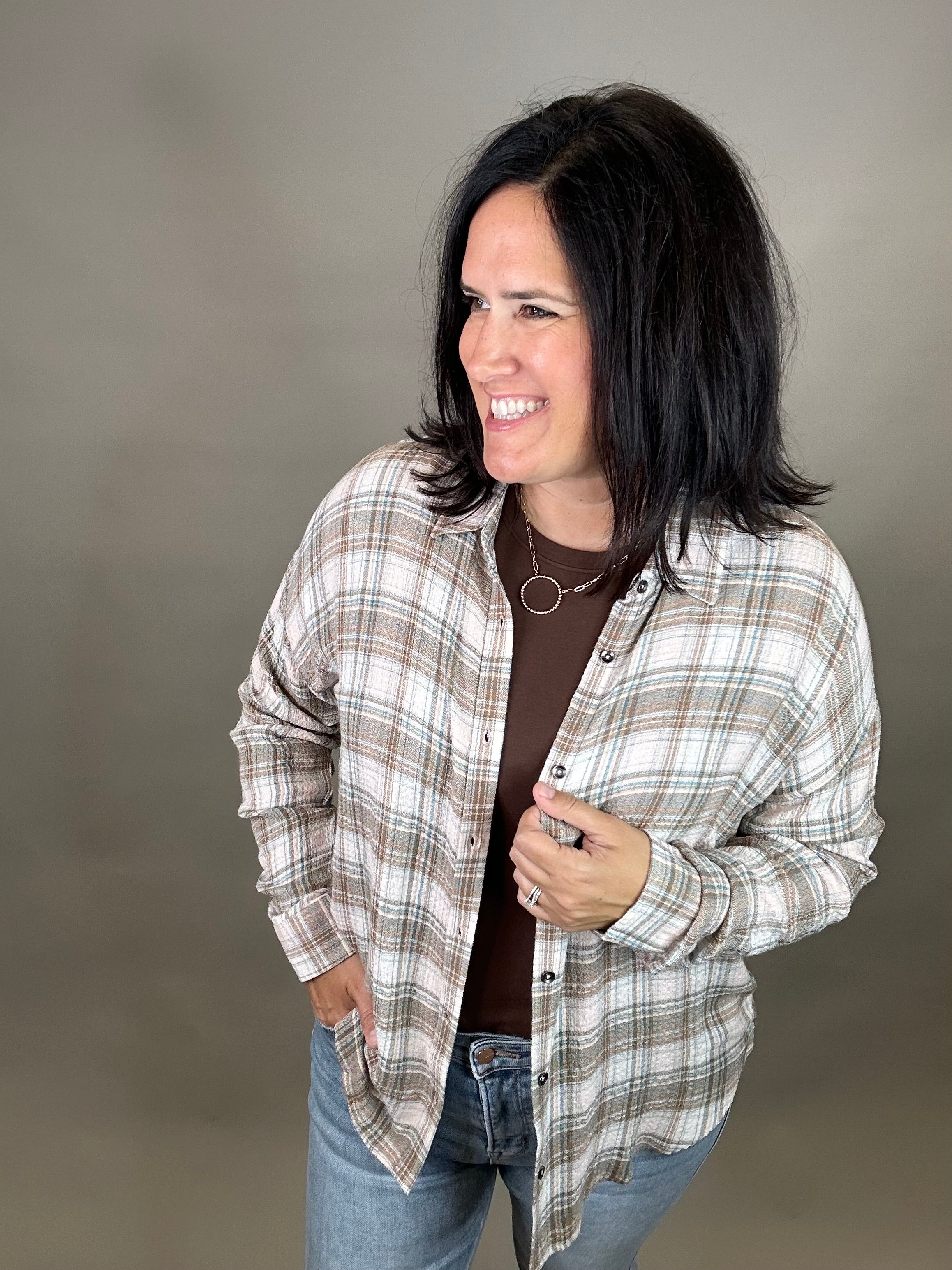 Sage/Pink Leetonia Boyfriend Top Tops - Button Ups FLAG AND ANTHEM
