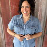 Dark Denim Short Sleeve Tencel Denim Shirt Tops - Button Ups DOE & RAE