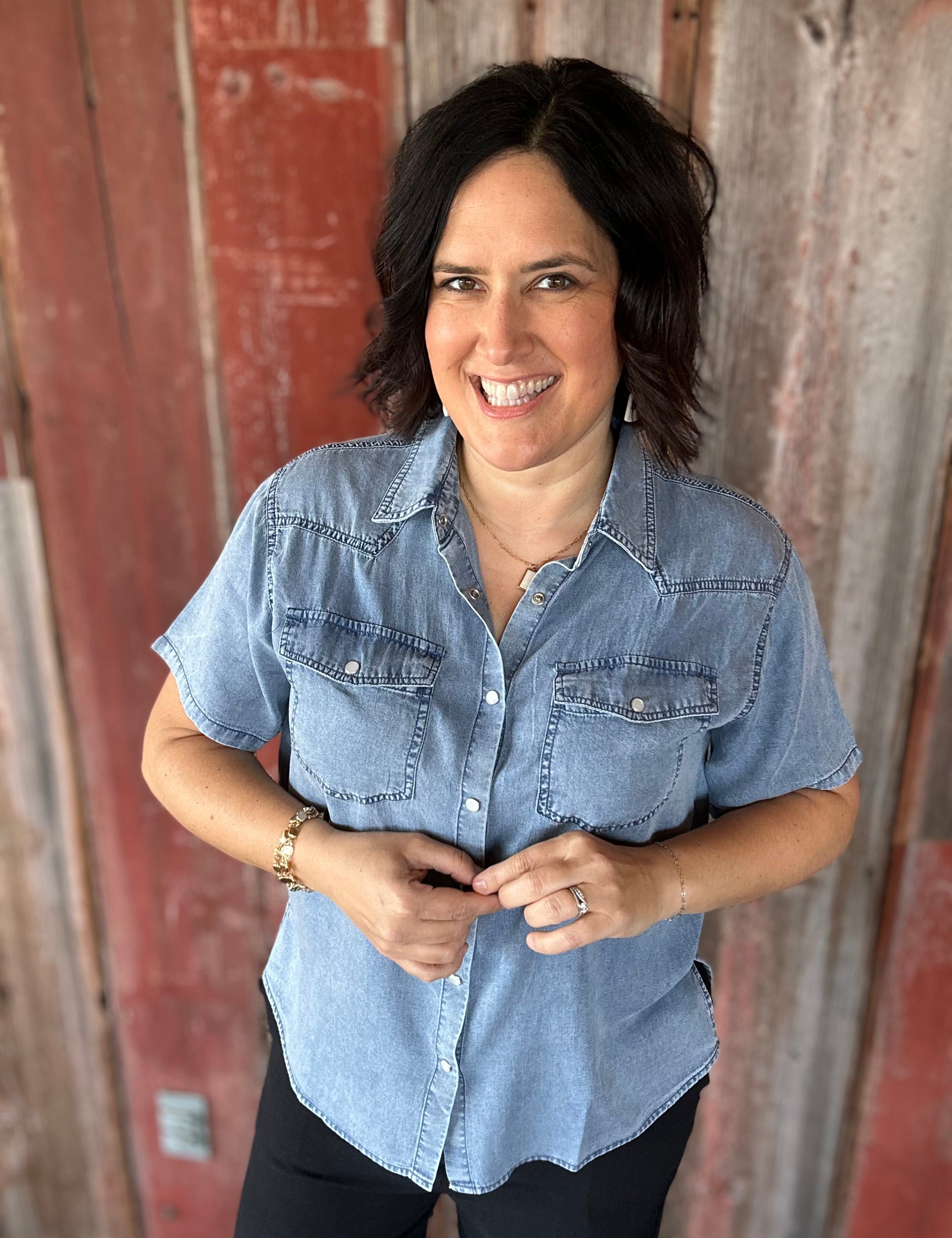 Dark Denim Short Sleeve Tencel Denim Shirt Tops - Button Ups DOE & RAE