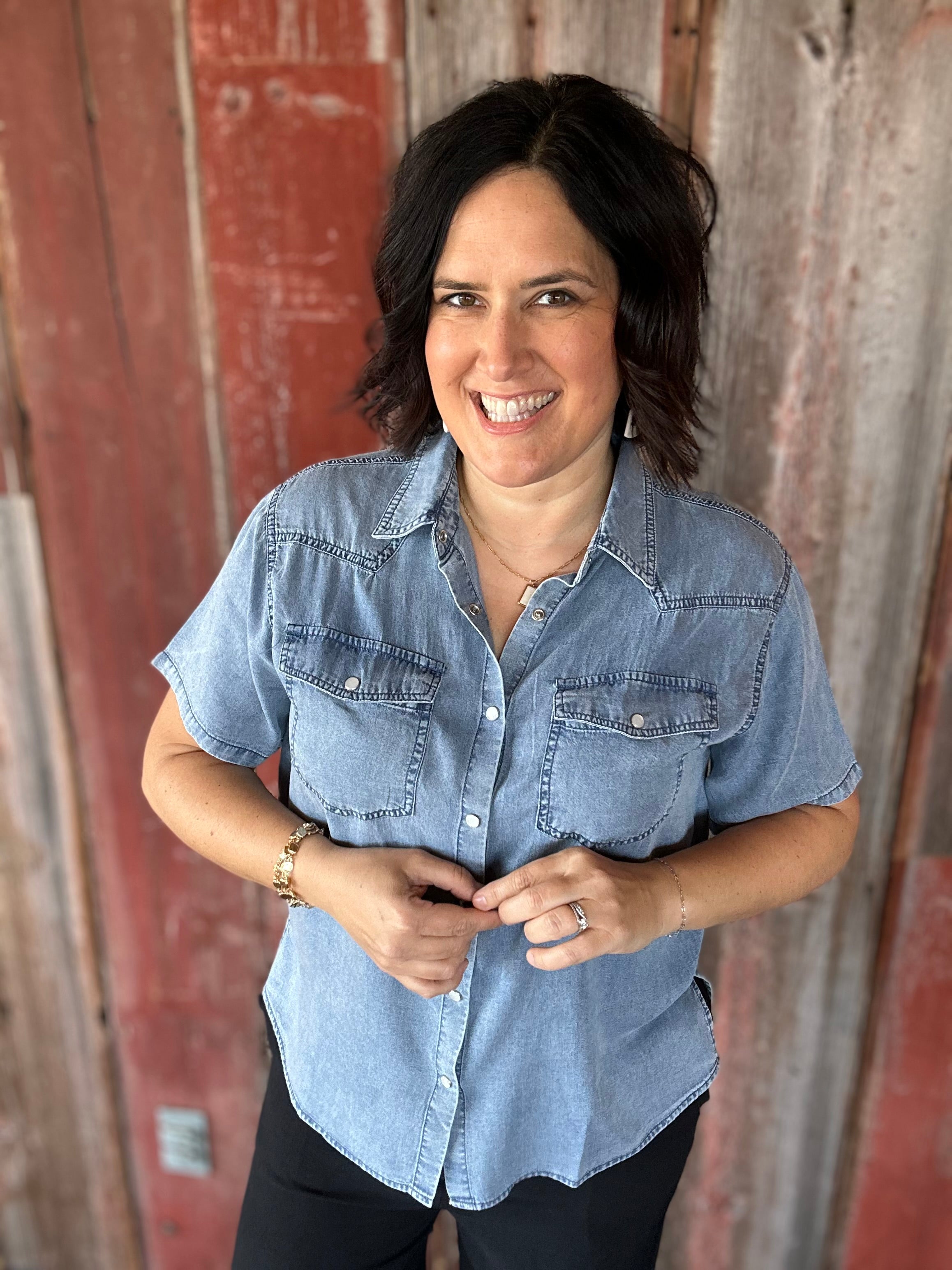 Dark Denim Short Sleeve Tencel Denim Shirt Tops - Button Ups DOE & RAE