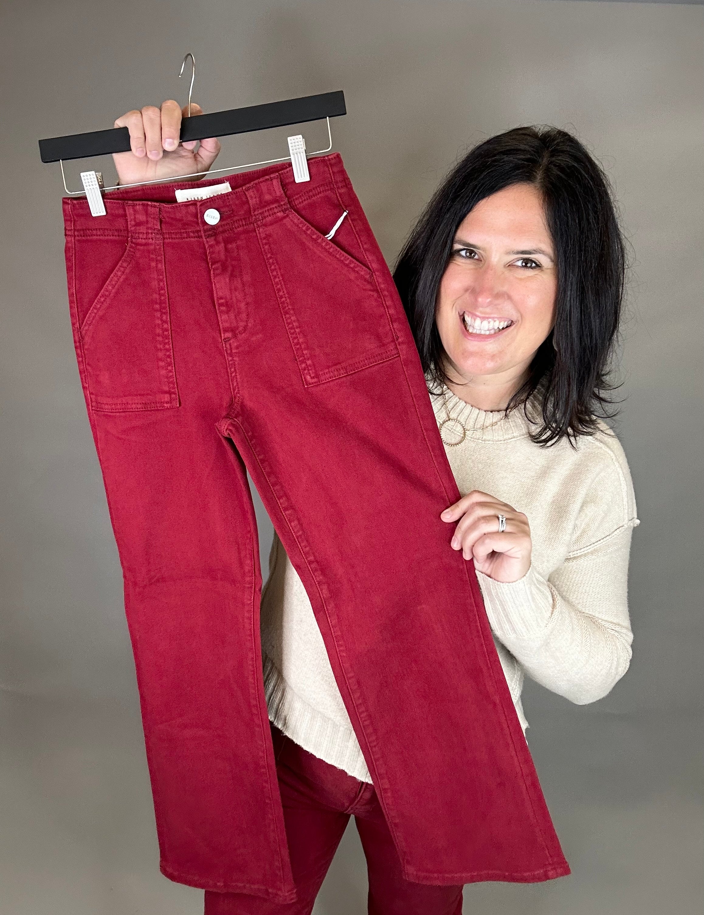 Wine Ankle Flare Patch Pocket Jeans Bottom- Pants RISEN