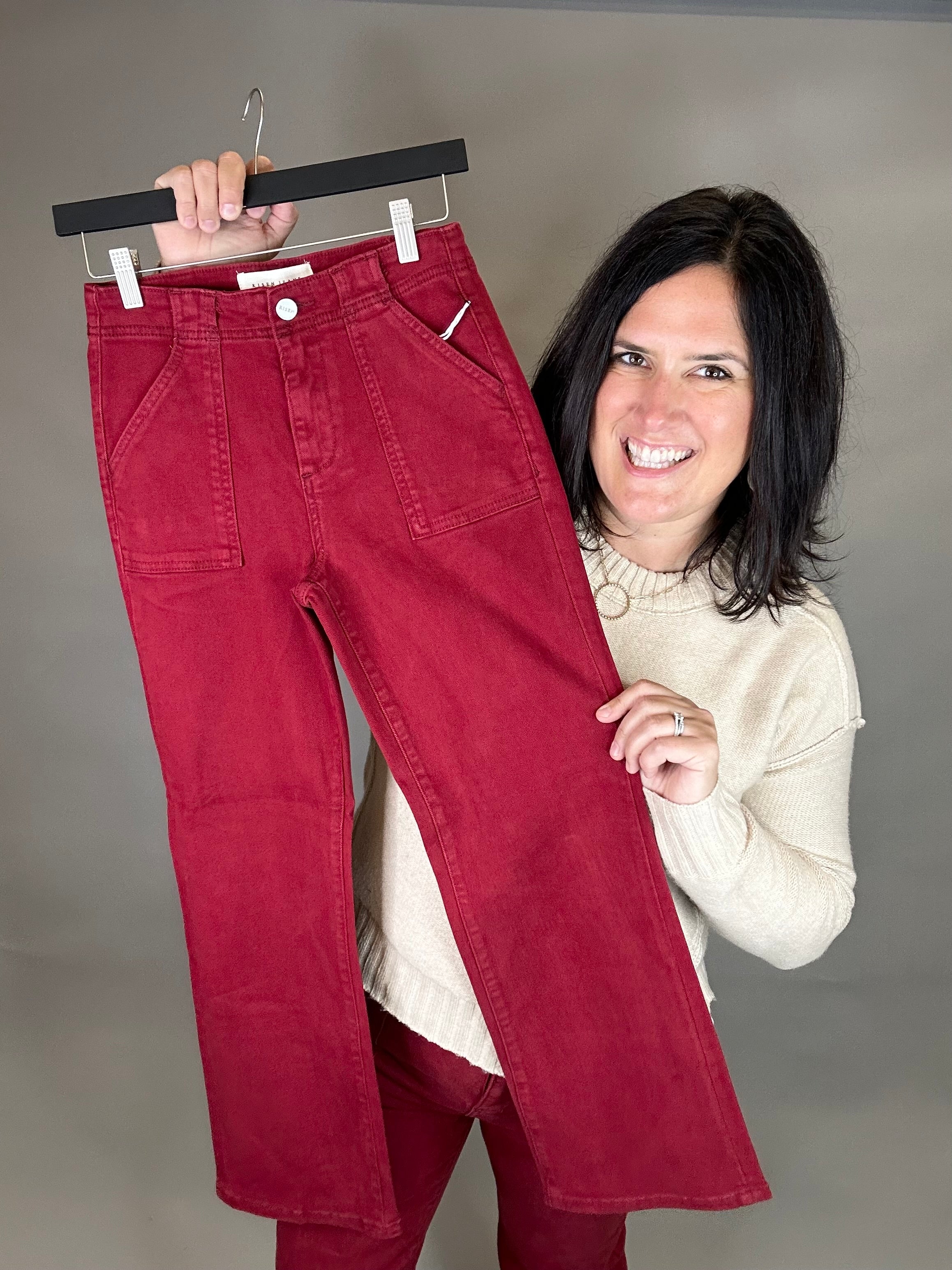 Wine Ankle Flare Patch Pocket Jeans Bottom- Pants RISEN