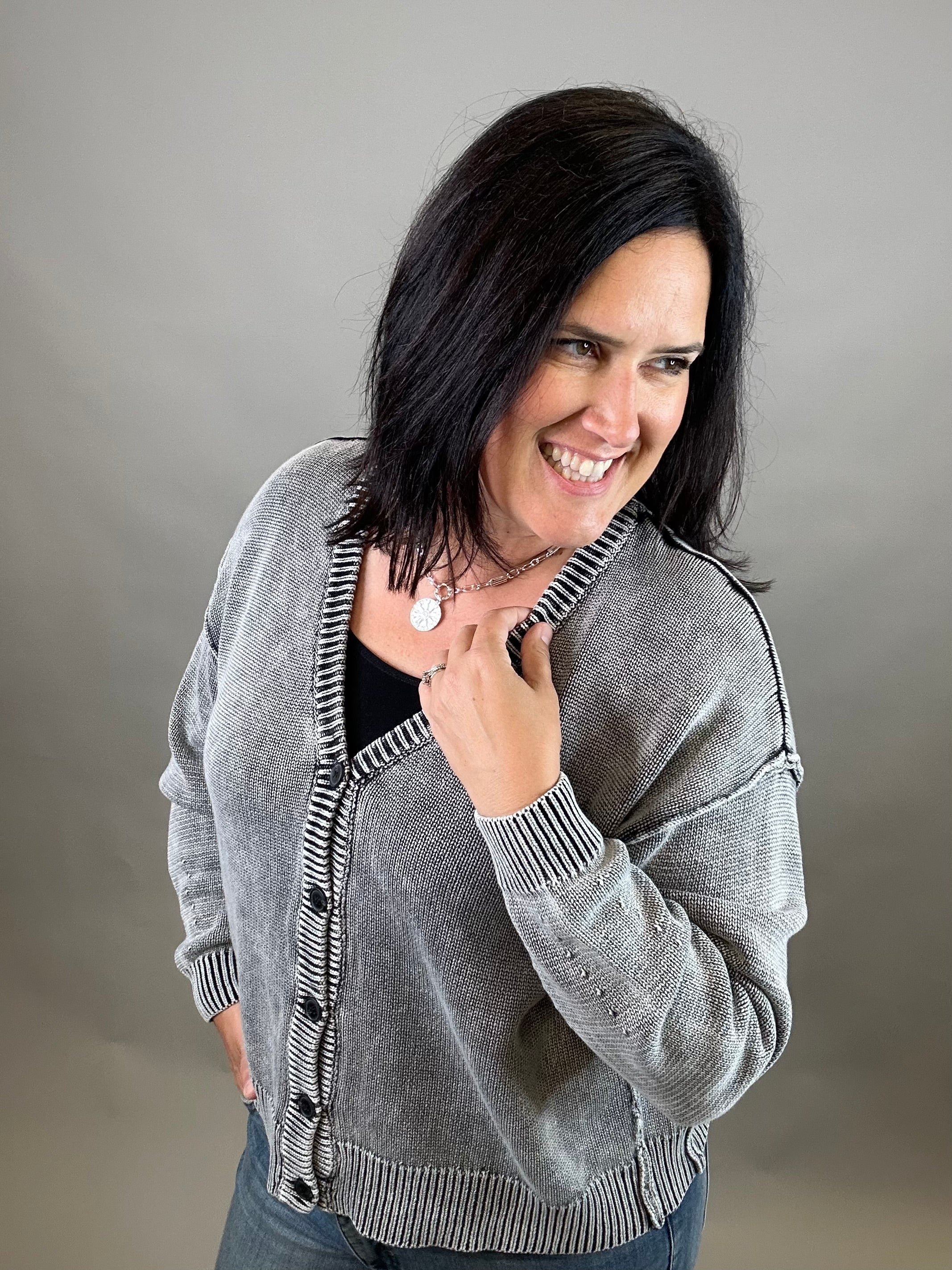 Washed Black Button Front Cardigan Tops- Cardigans EE:SOME