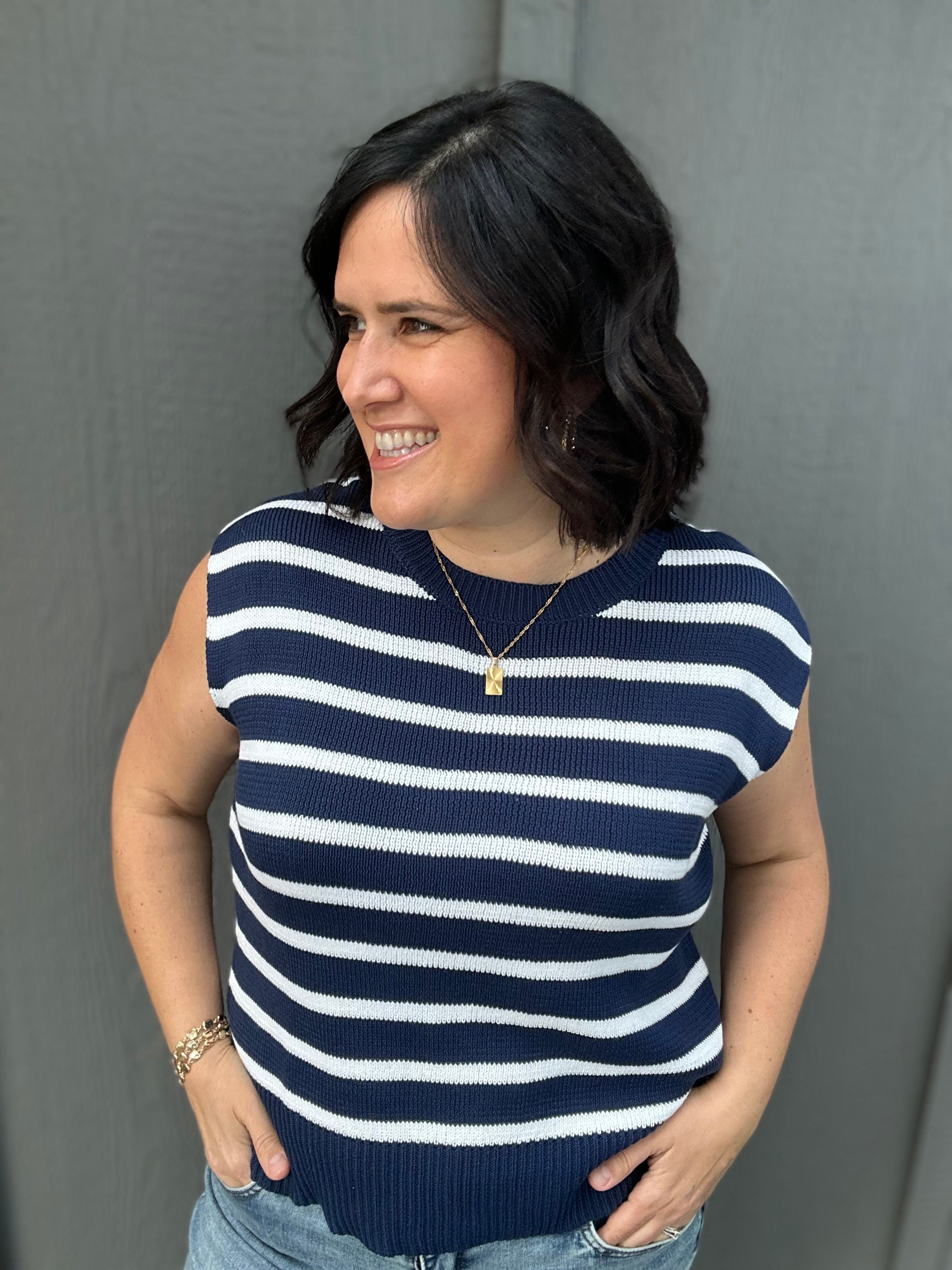 Navy Striped Crew Neck Sleeveless Sweater Top - Sweater STACCATO