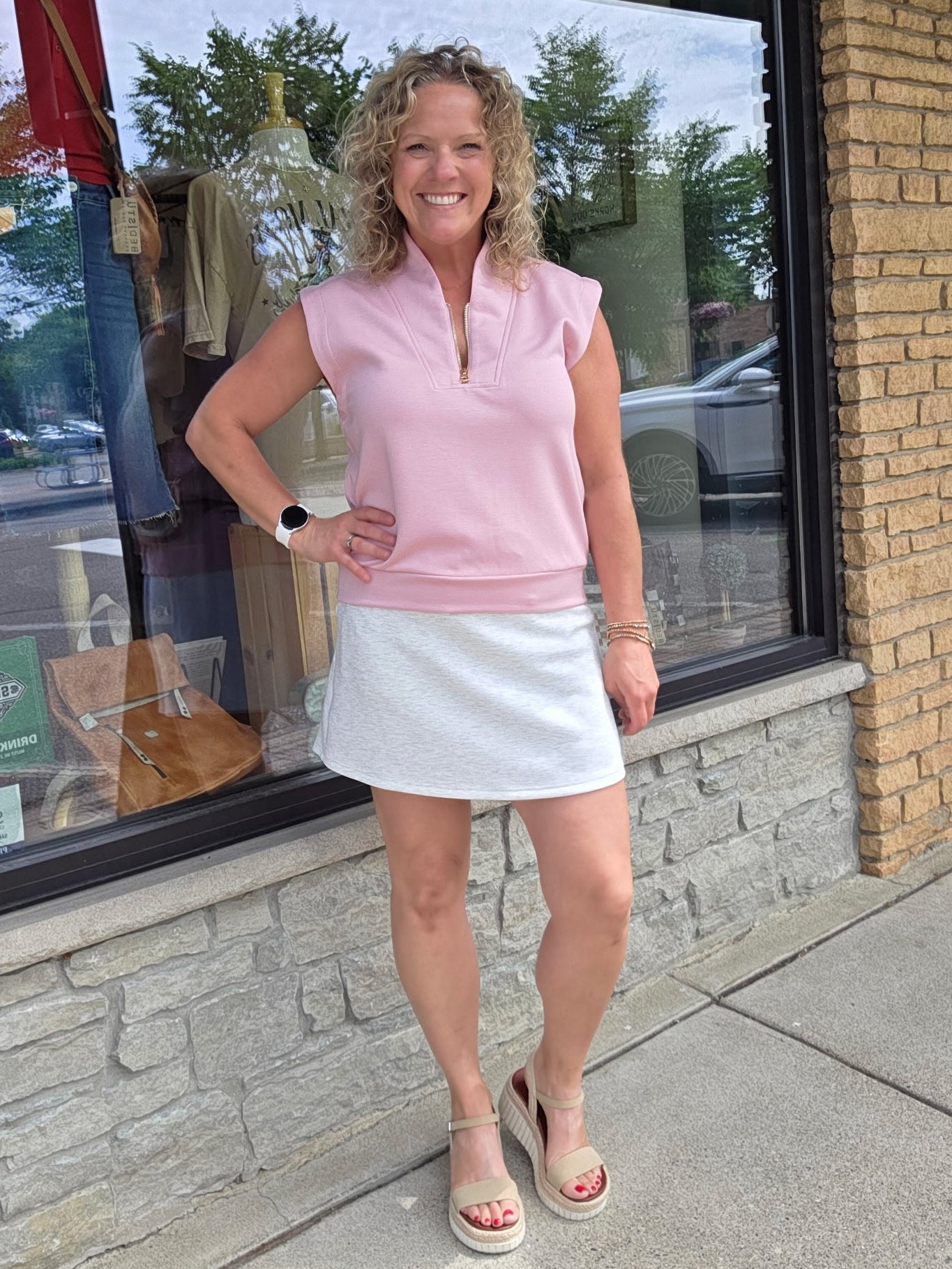 Pink Collared Half Zip Sleeveless Top Tops- Blouses STAR DROP