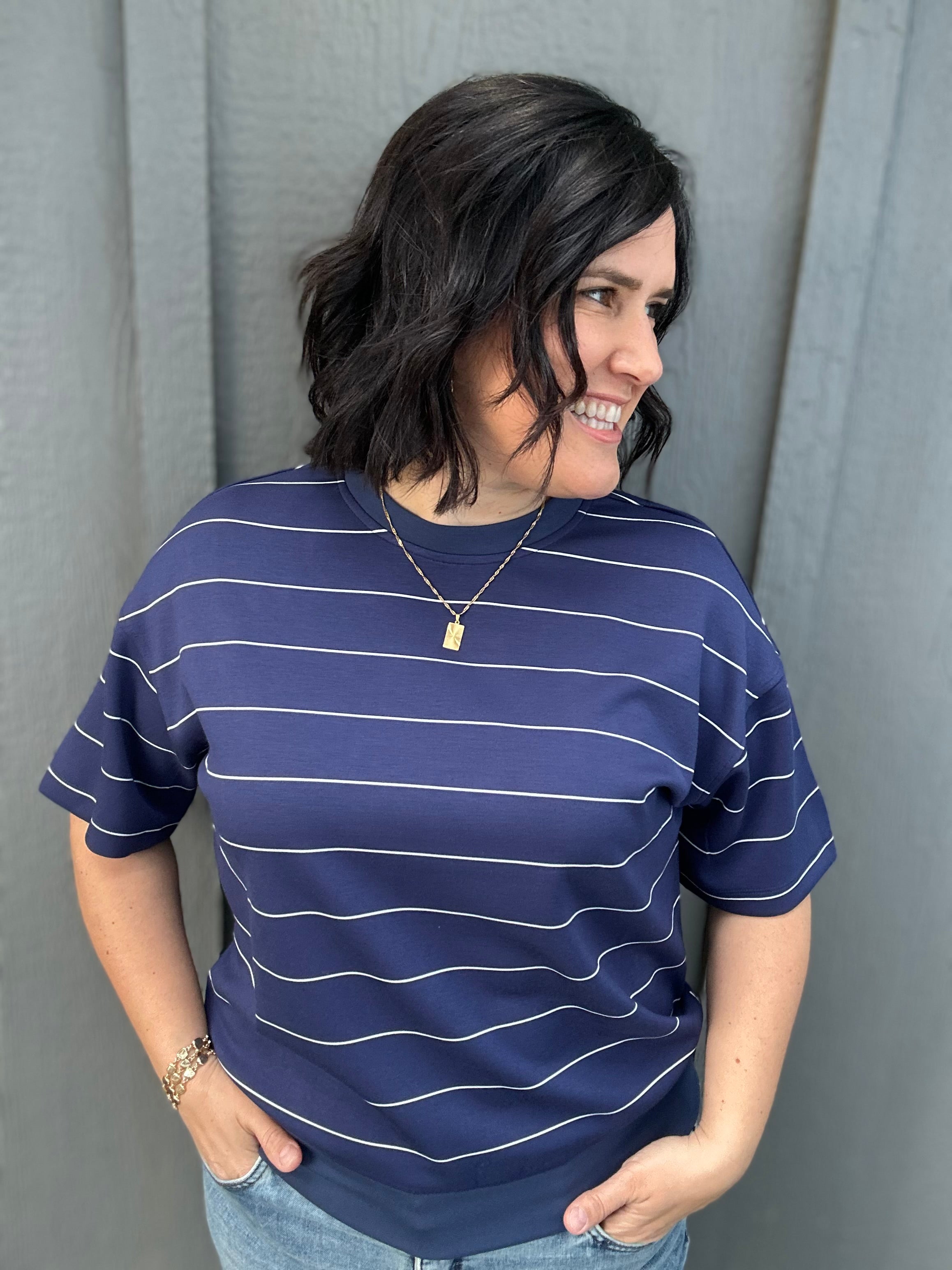 Navy Striped Crew Neck Top Top - Tee RAE MODE