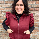 Burgundy Ruffle Sleeve Quilted Vest