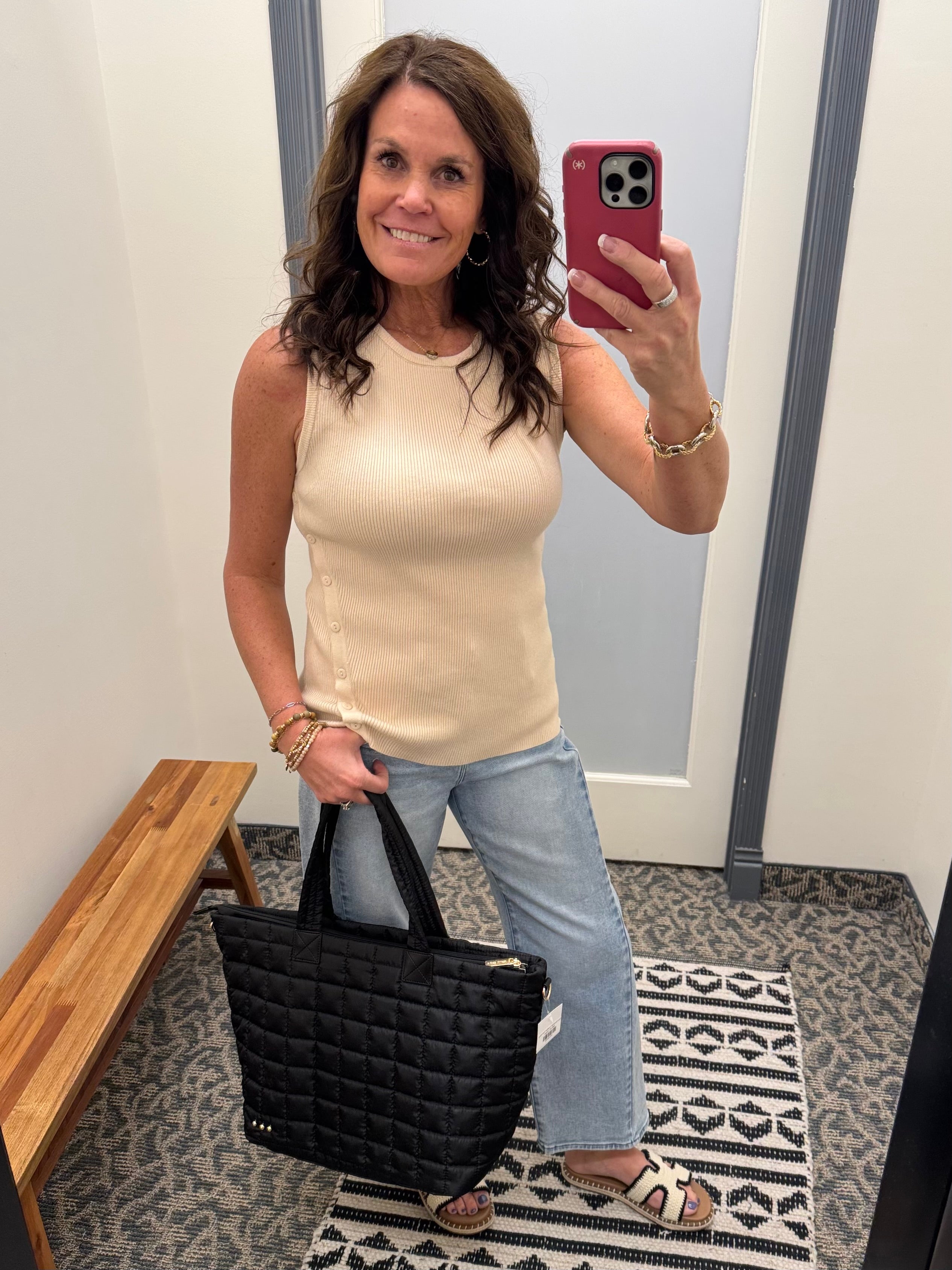 Beige Asymmetrical Button Ribbed Tank Tops- Tanks DOE & RAE