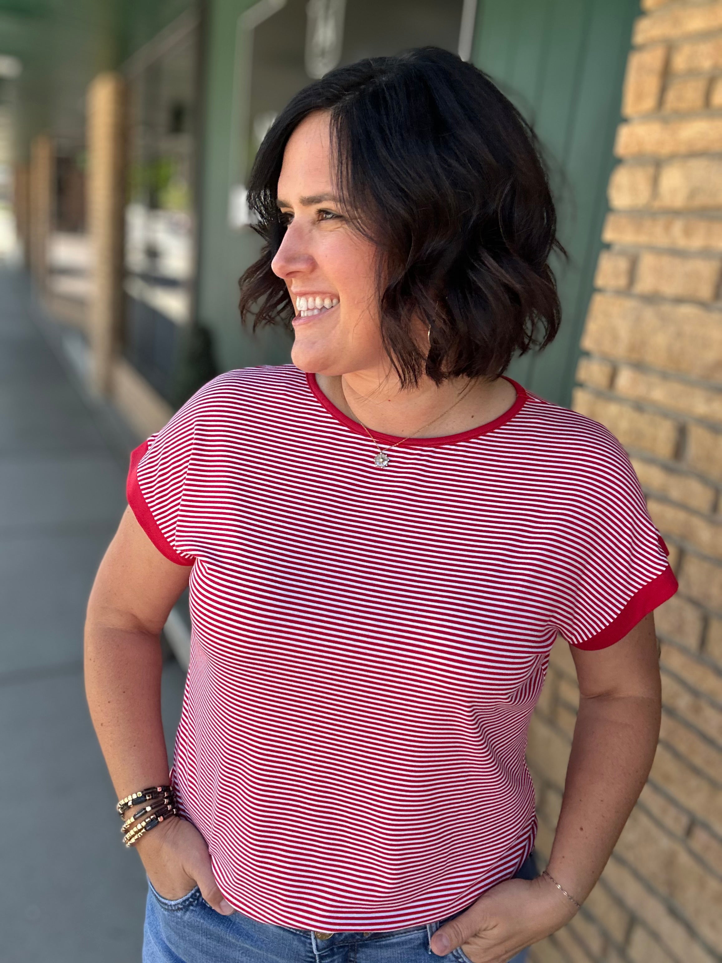Red/White Color Trimmed Crew Neck Tops- Tees STACCATO