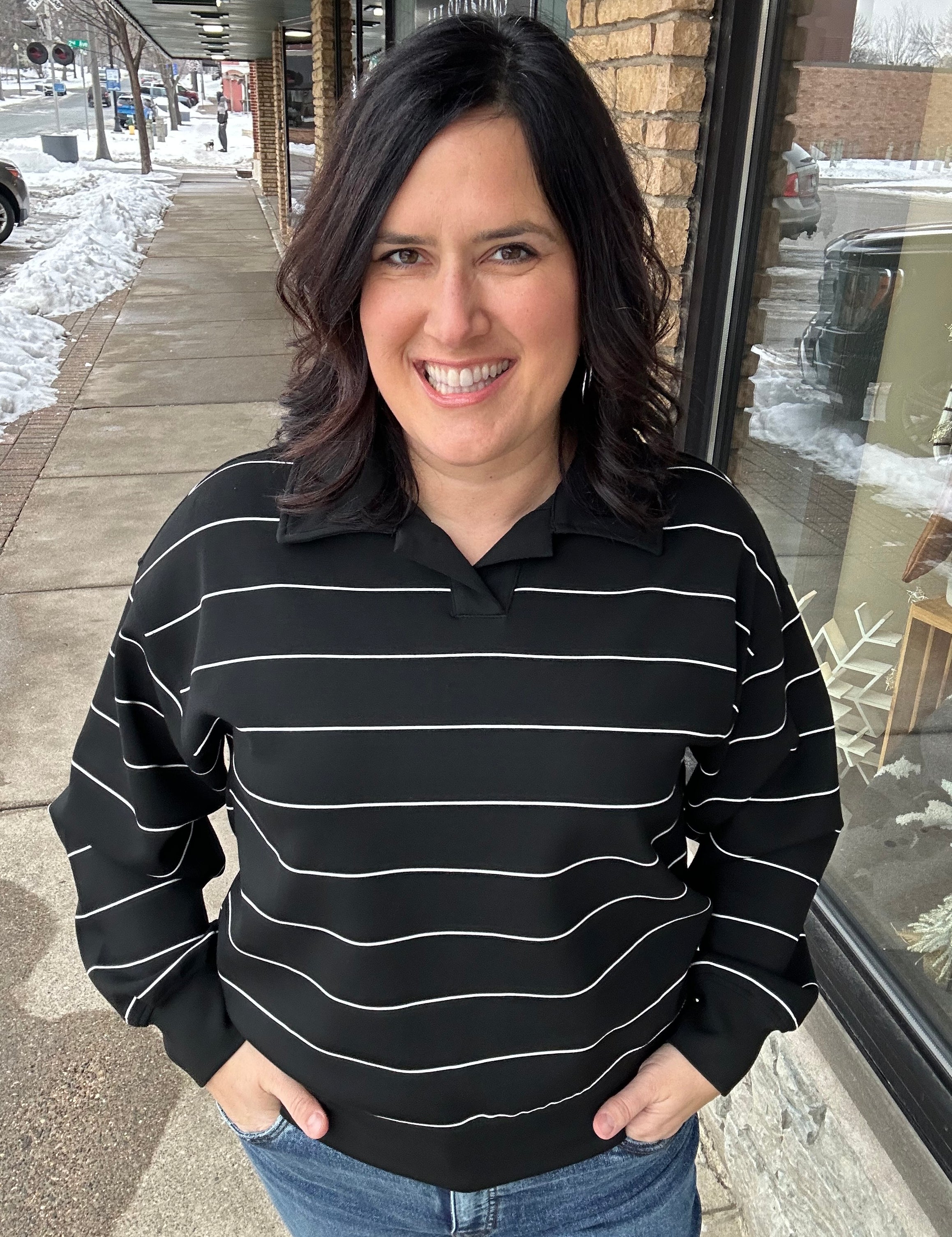 Black/Cream Stripe Polo Top Top- Sweatshirt RAE MODE