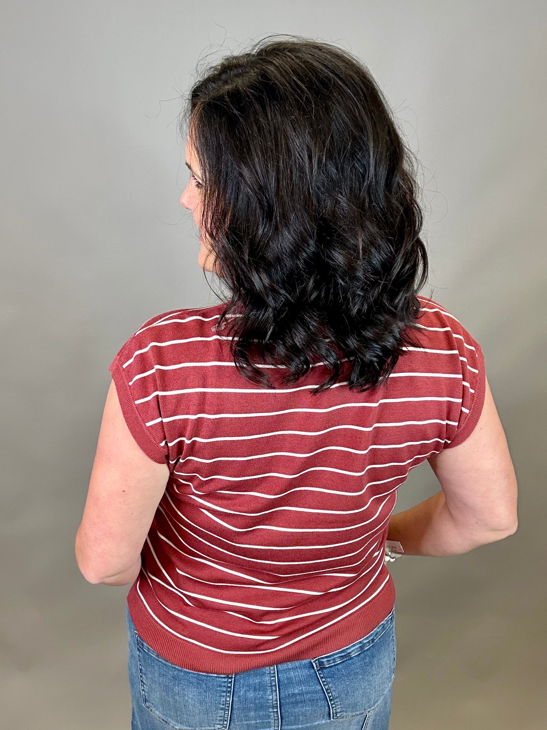 Marsala Striped Short Sleeve Sweater Top - Sweater STACCATO