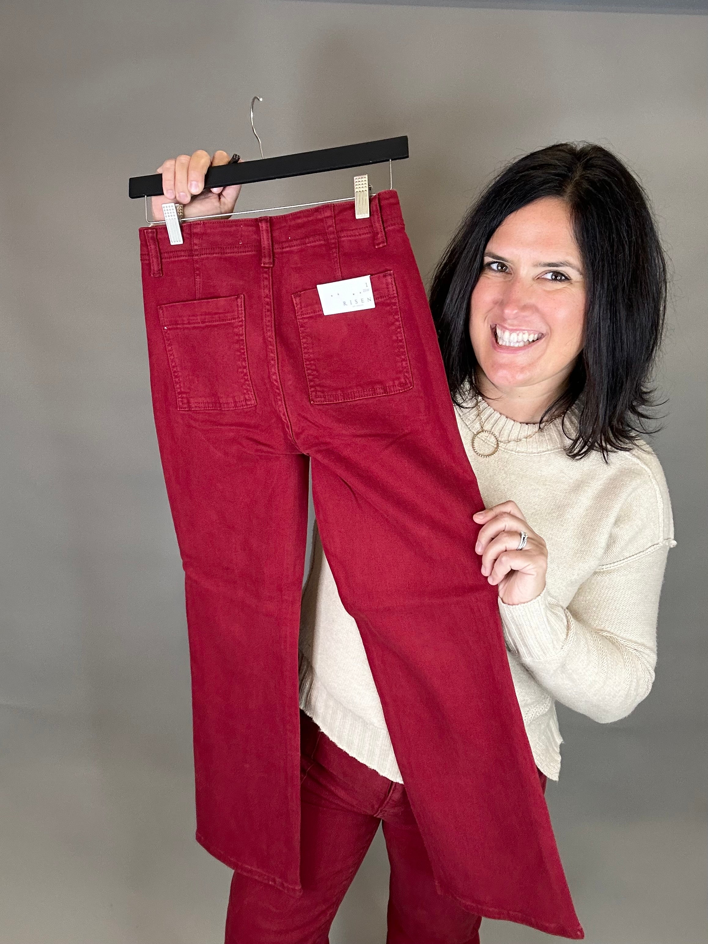 Wine Ankle Flare Patch Pocket Jeans Bottom- Pants RISEN