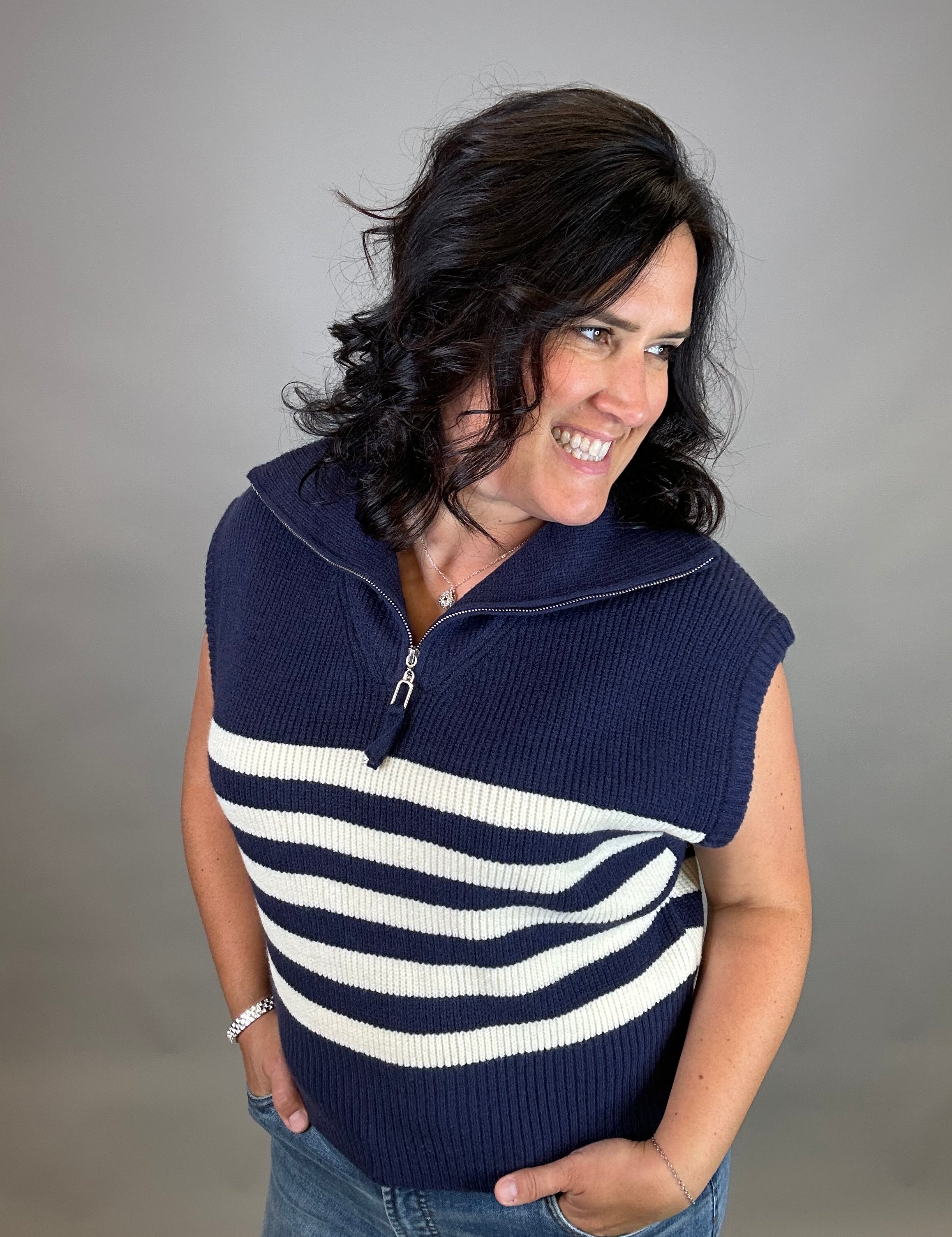 Navy Striped Half Zip Sweater Top Top - Sweater DOE & RAE