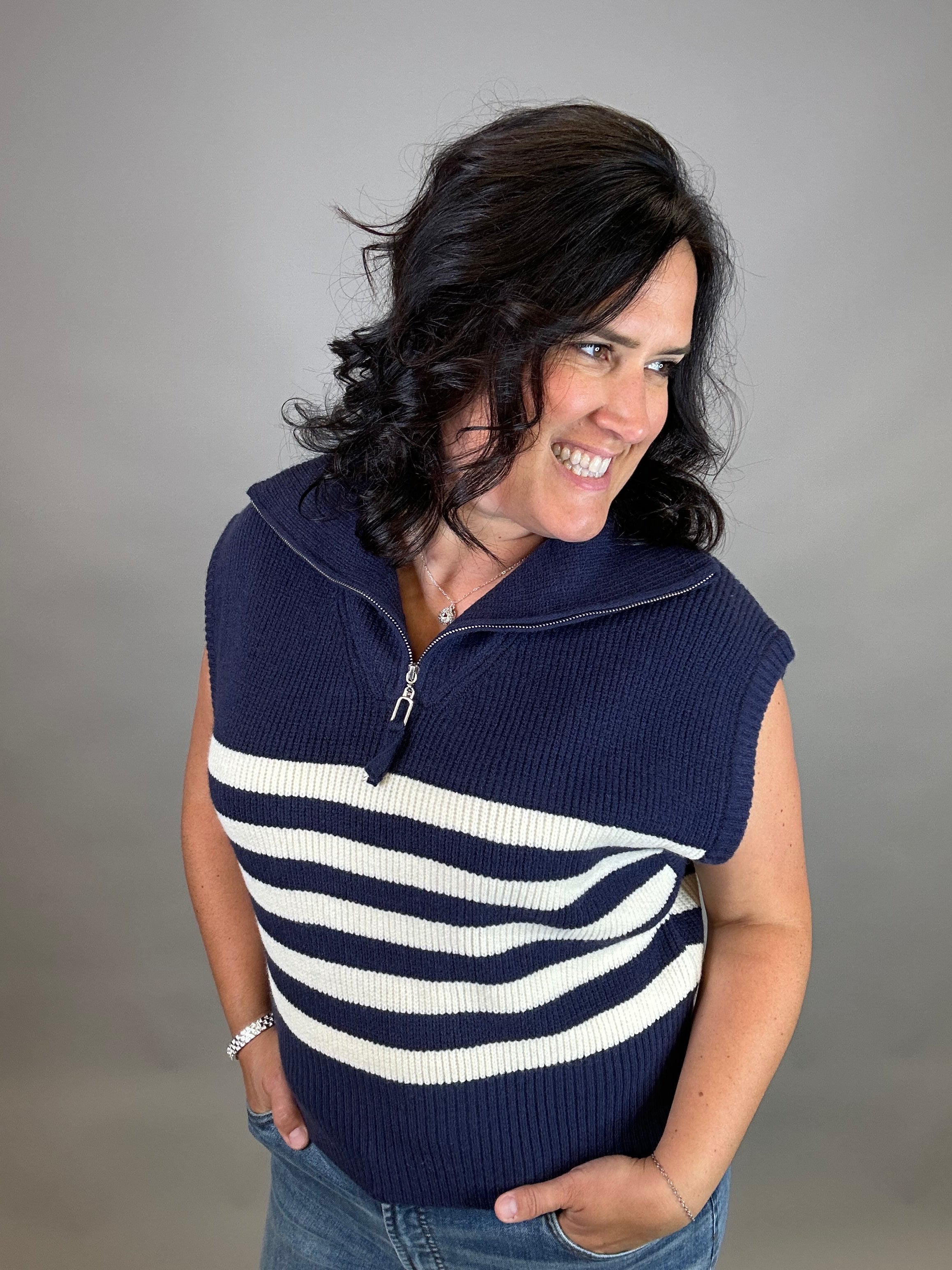 Navy Striped Half Zip Sweater Top Top - Sweater DOE & RAE