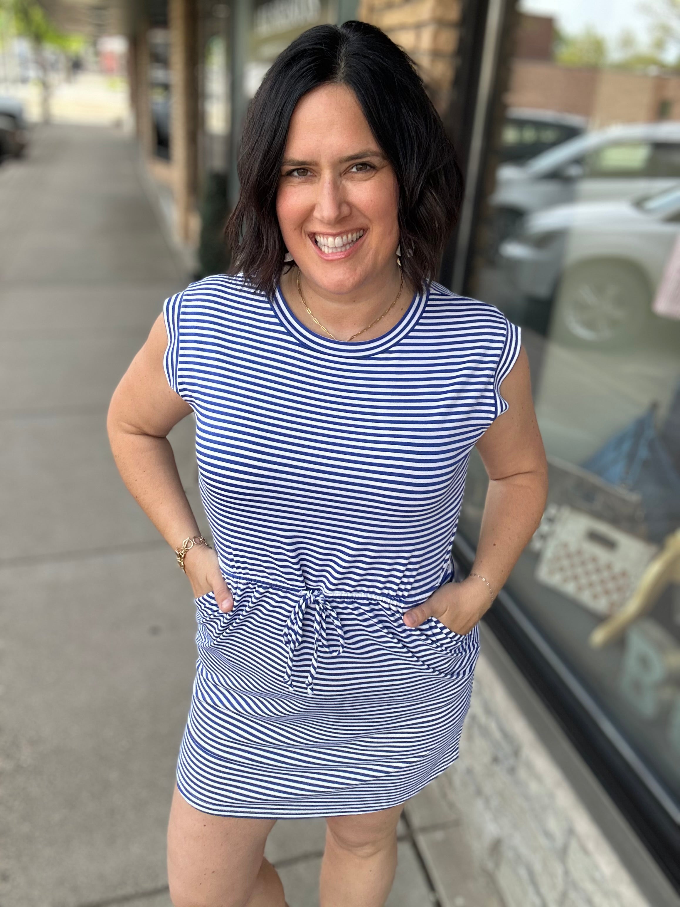 Royal & White Striped Round Neck Dress Dresses STACCATO